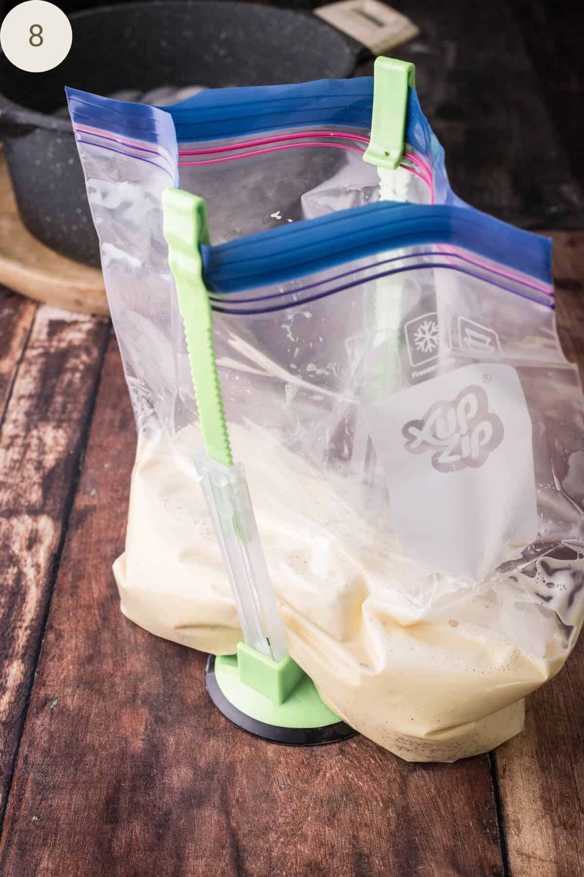 Ice cream custard poured into a food storage bag.