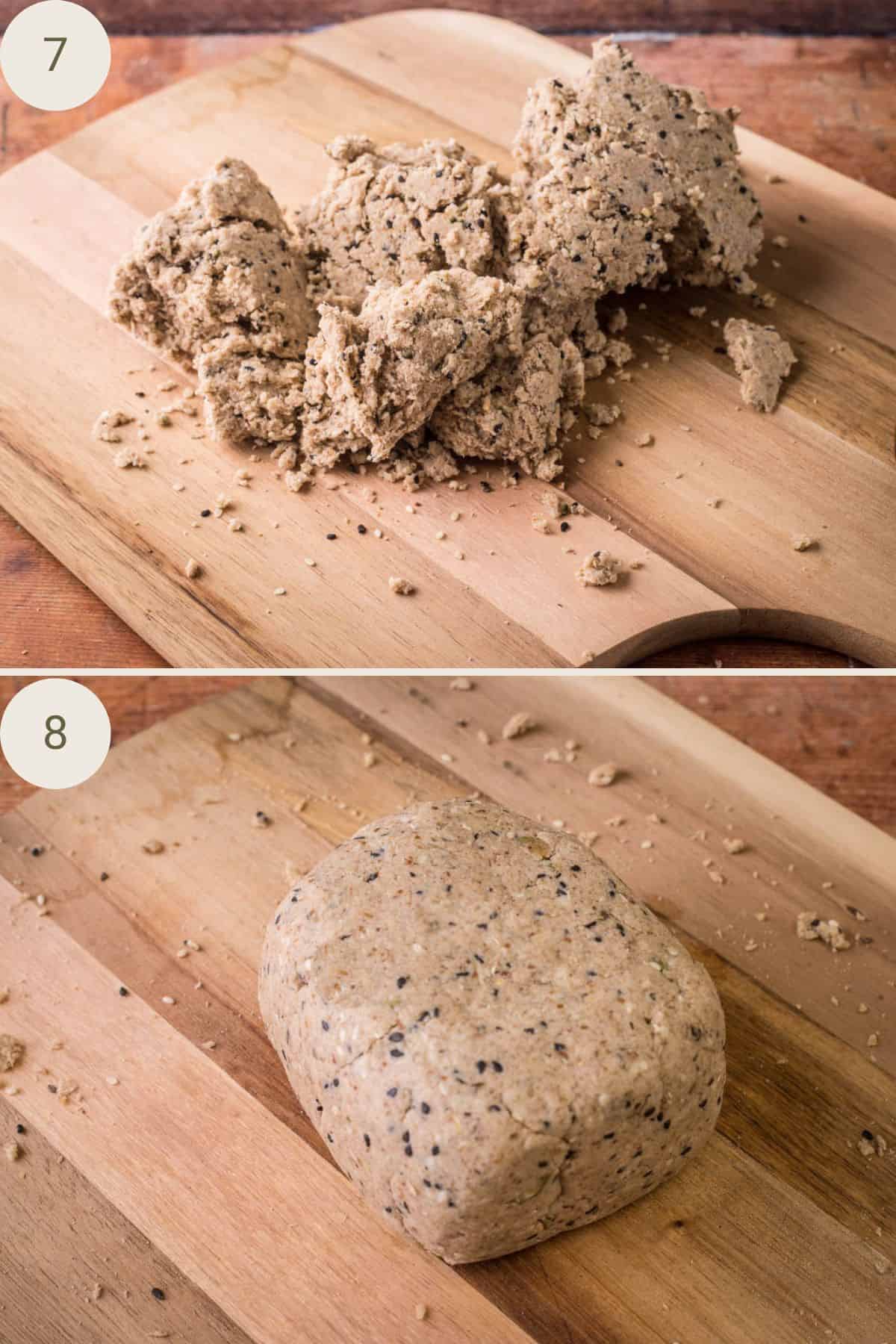 Dough tipped out onto work surface and dough shaped into a thick rectangle.