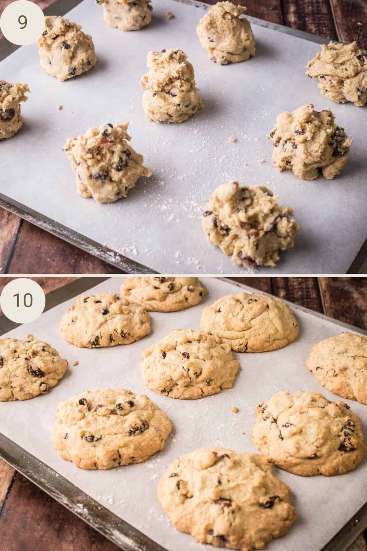 Gluten-Free Rock Cakes on baking tray before baking shaped into cylindrical log and after baking flatter and golden brown.