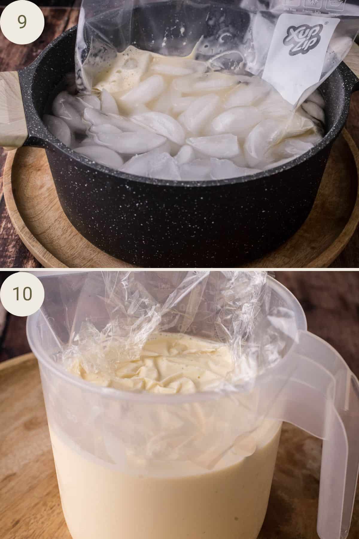 Ice cream custard in a food storage bag submerged in ice bath. After chilling poured into jug with cling film pressed to surface.