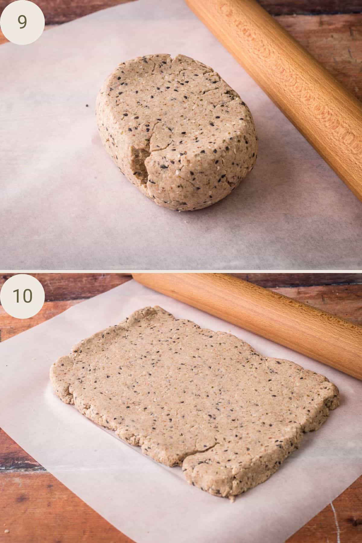 Dough placed on top of baking parchment and rolled out into a rectangle using a rolling pin.
