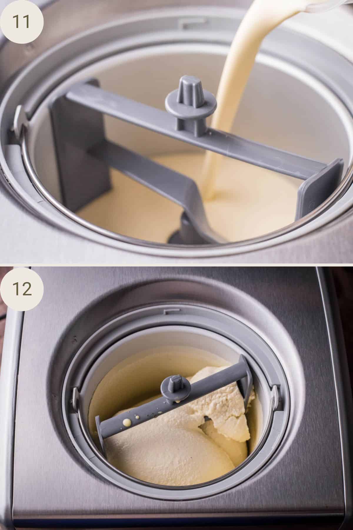 Ice cream custard poured into ice cream machine and churned.