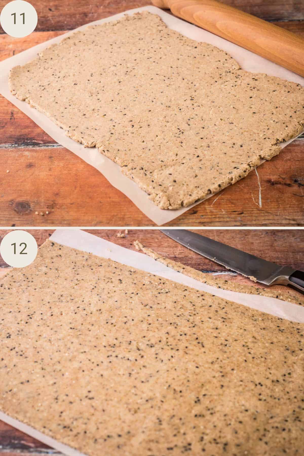 Straight-edged dough rectangle with neatly trimmed sides on parchment