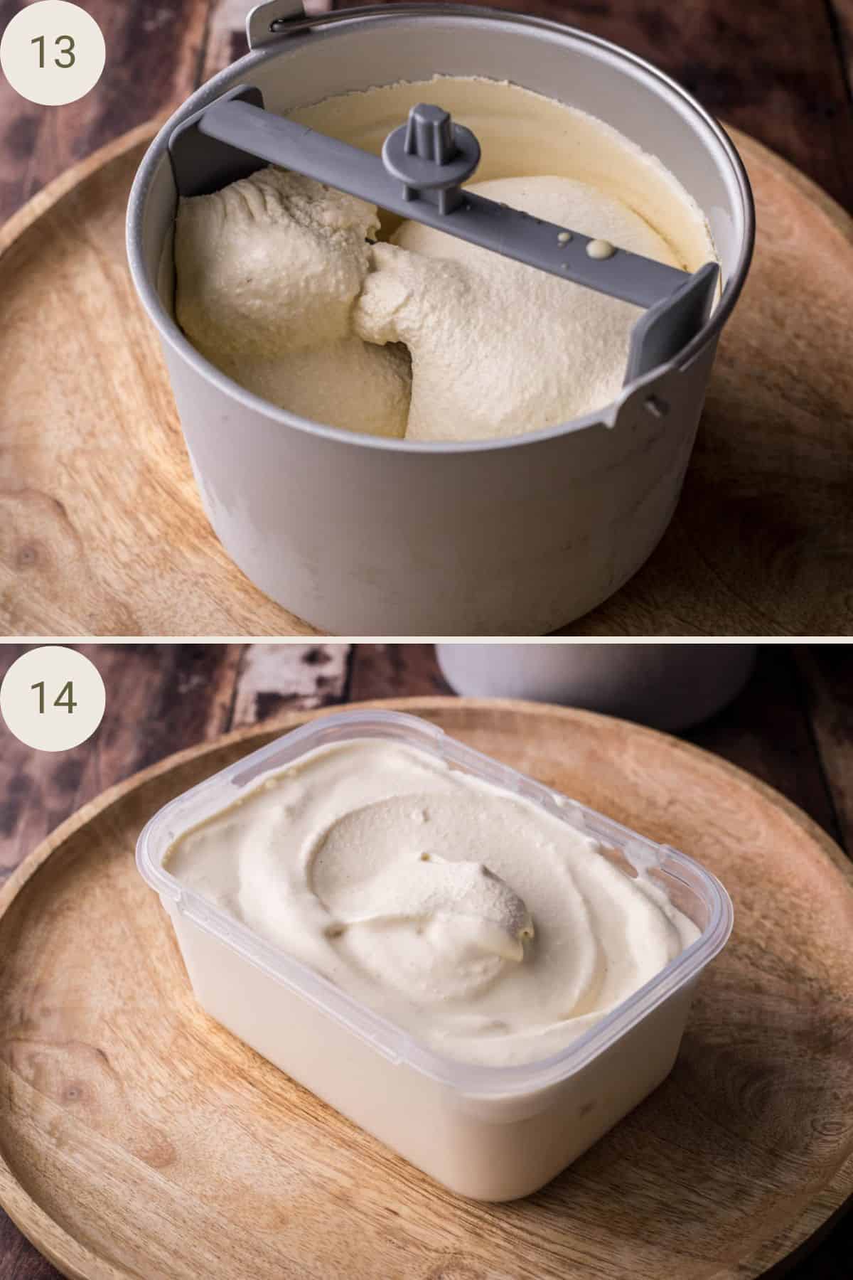 Churned ice cream in ice cream maker bowl then transferred to airtight container.