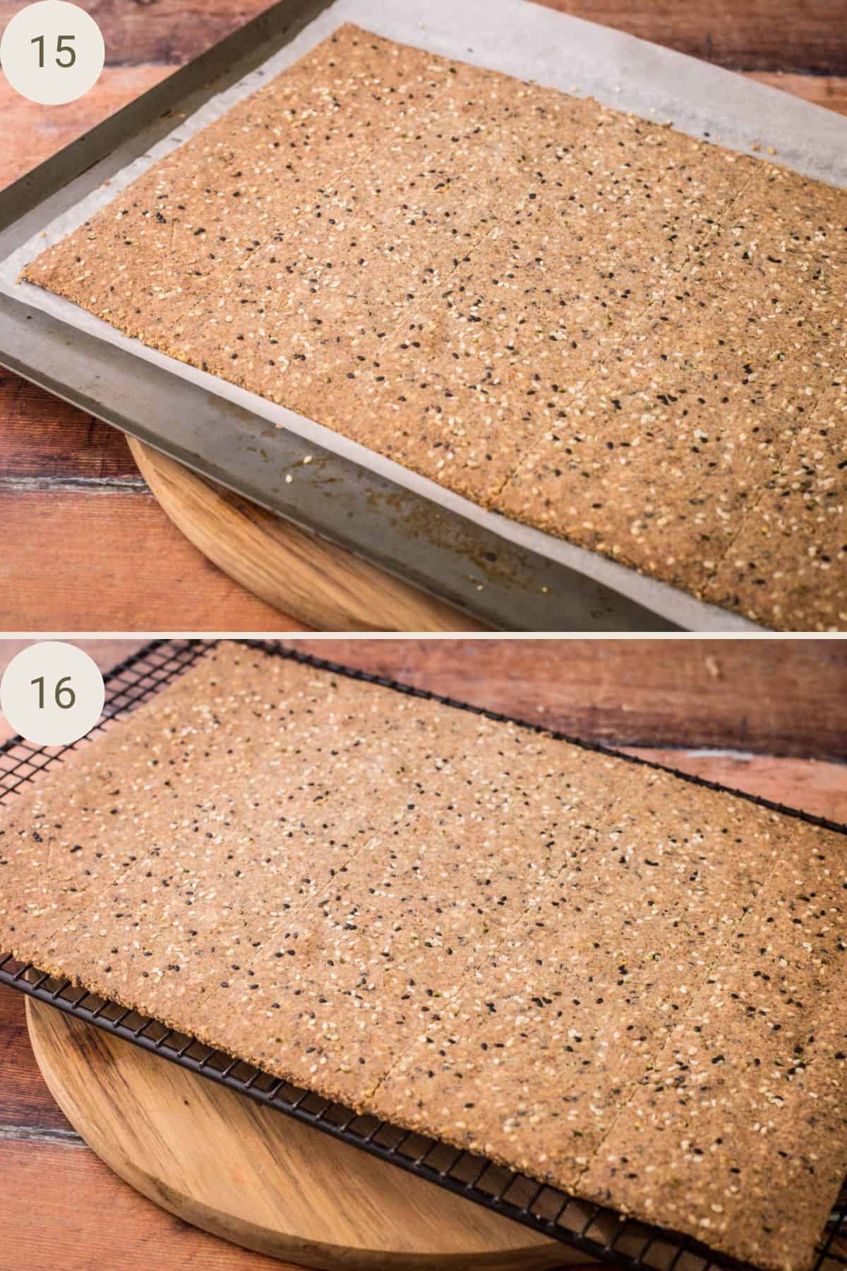 Baked crispbreads on baking tray then transferred to cooling rack.