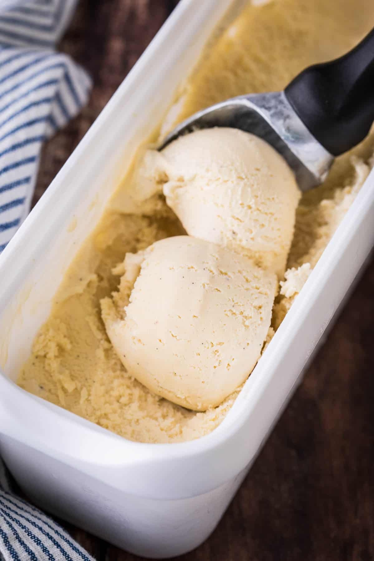 Homemade Vanilla Ice Cream in an airtight container.