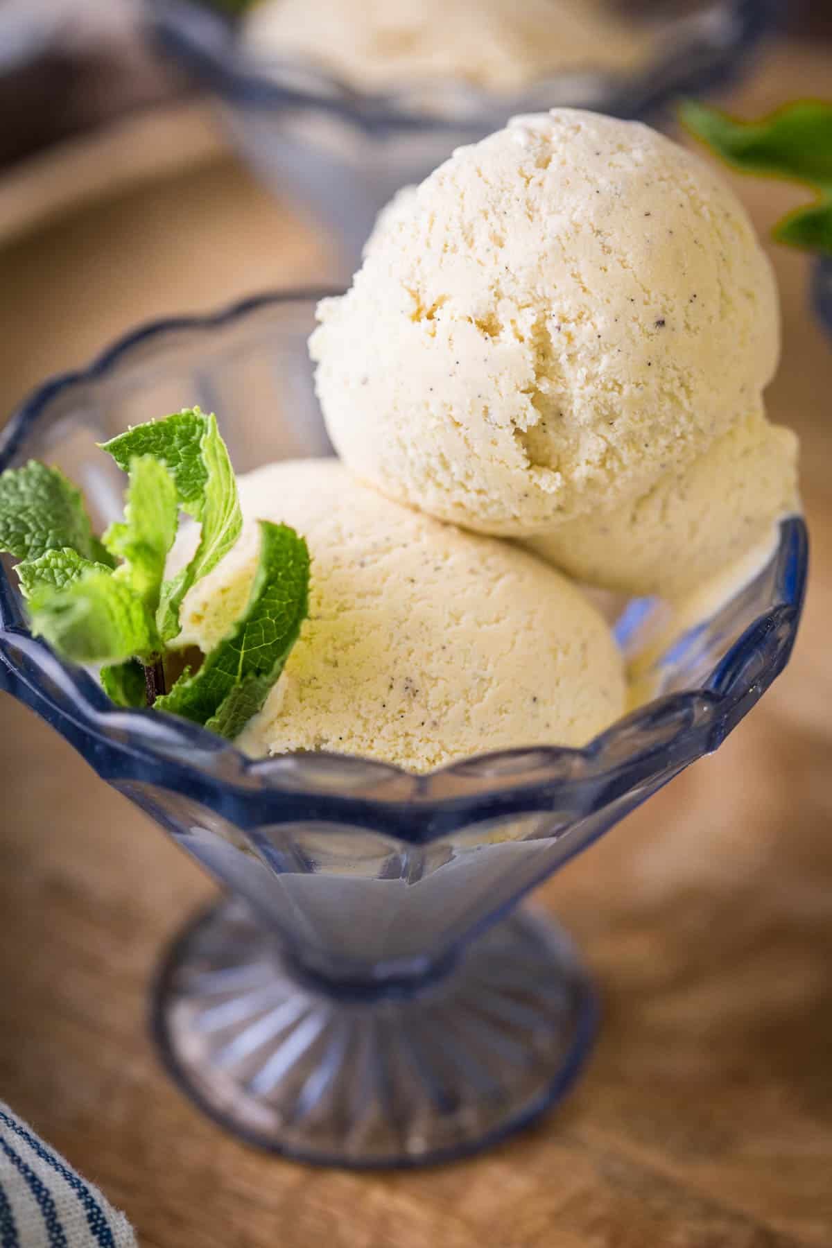 Homemade Vanilla Ice Cream in a glass dish decorated with a sprig of mint.