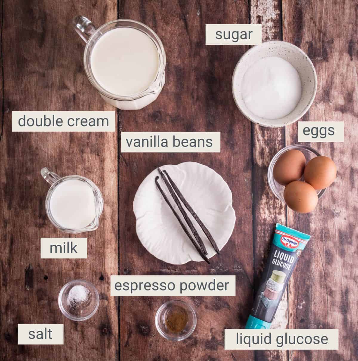 Homemade Vanilla Ice Cream ingredients on a table.