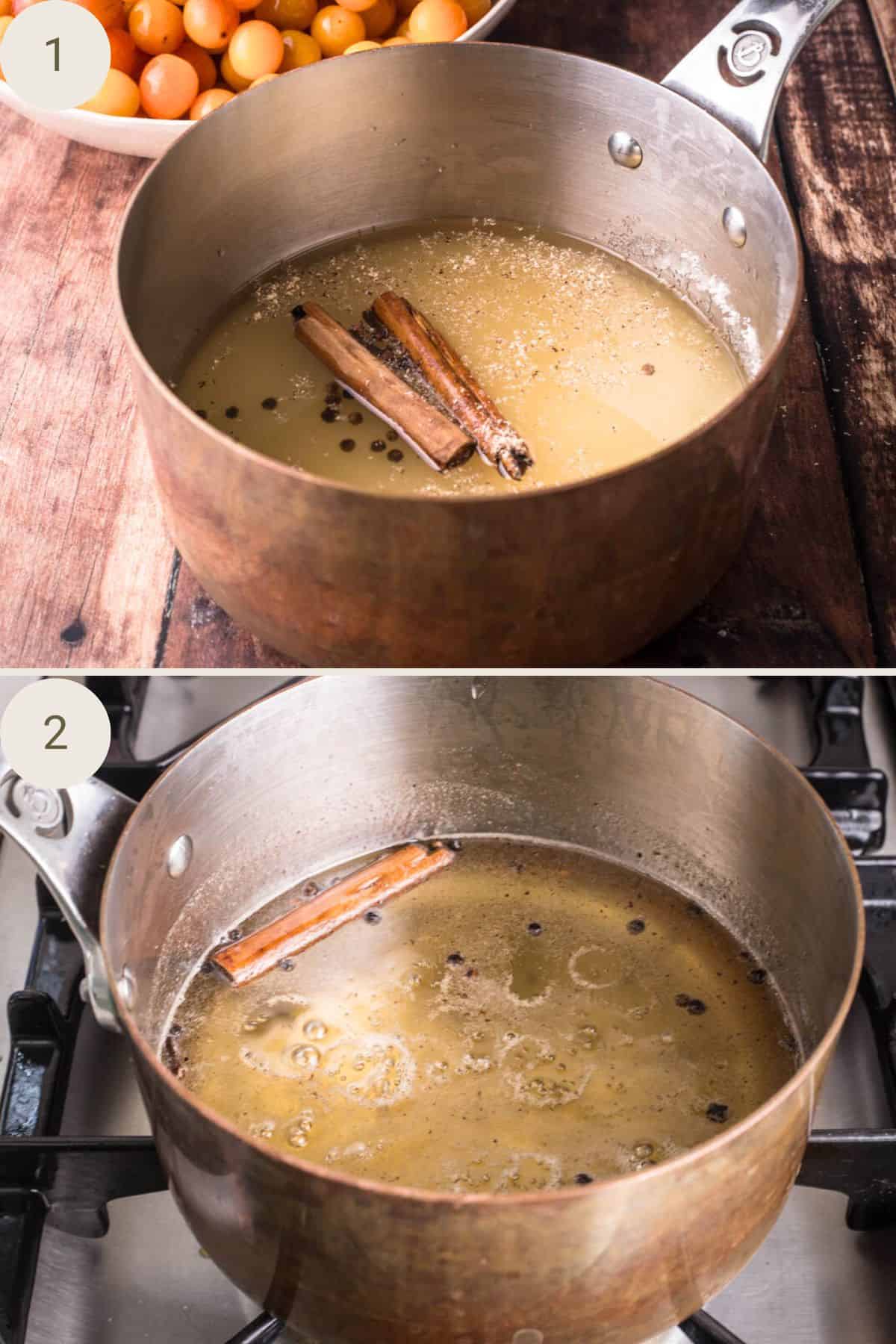 Ingredients for pickling syrup in a saucepan. Bubbling on a stove top with the sugar dissolved, ready for the plums.