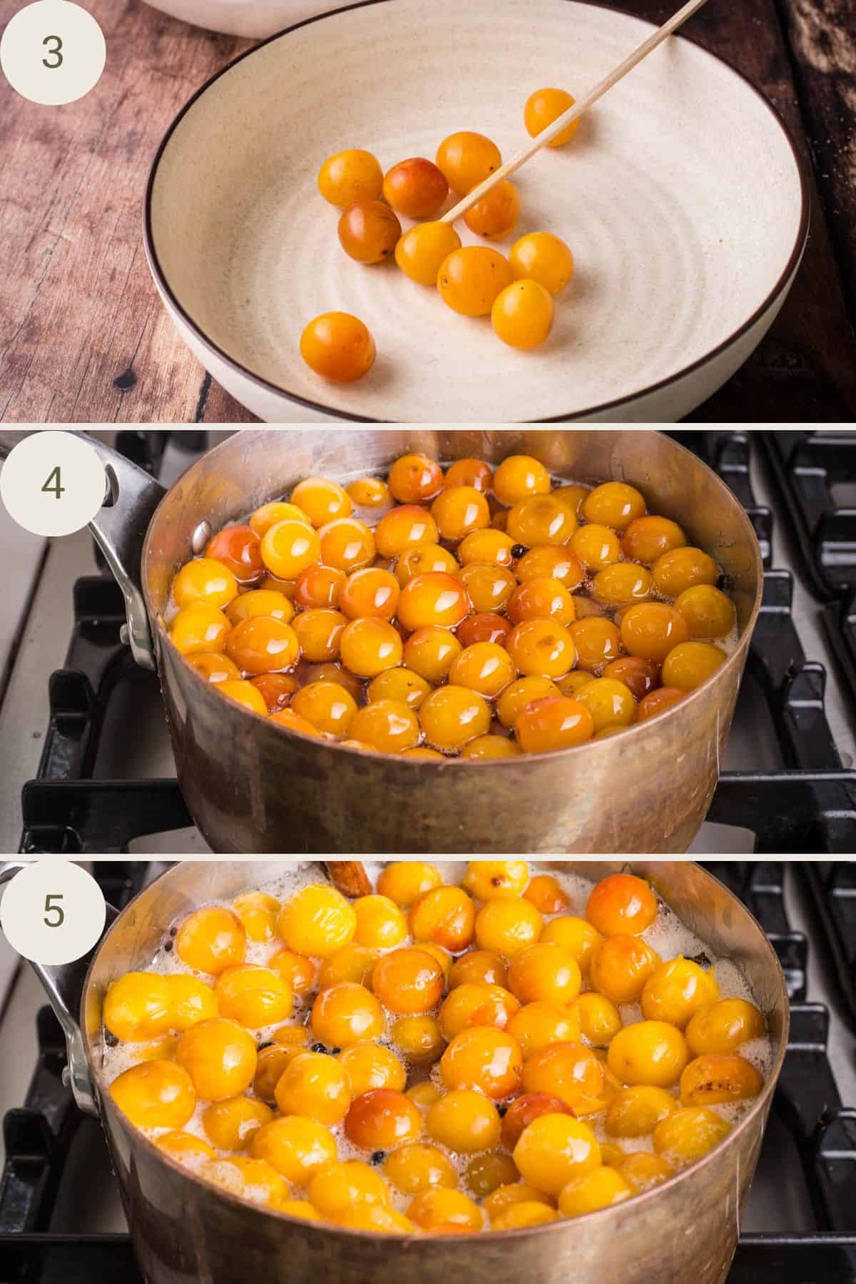 Pricking mirabelles with a wooden skewer to pierce the skin. Adding to the pickling syrup and bringing the syrup up to a boil.