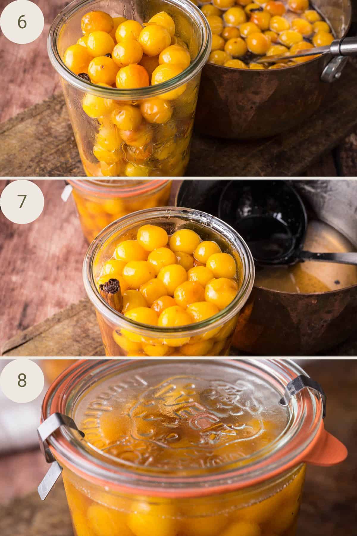 Filling jars up with the pickled mirabelles then spooning the syrup over the top and sealing the jars.