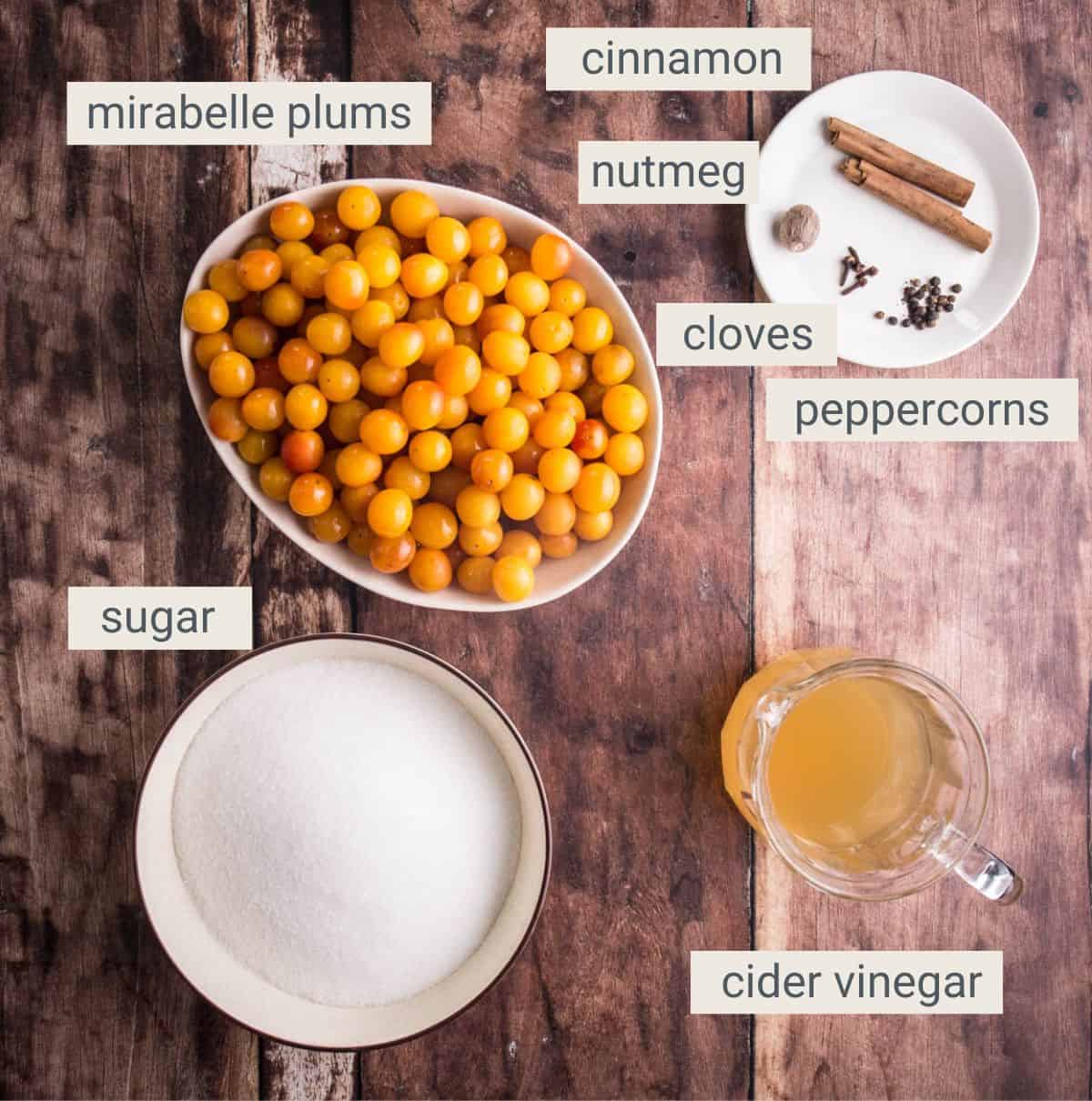 Pickled Mirabelle ingredients on a table.