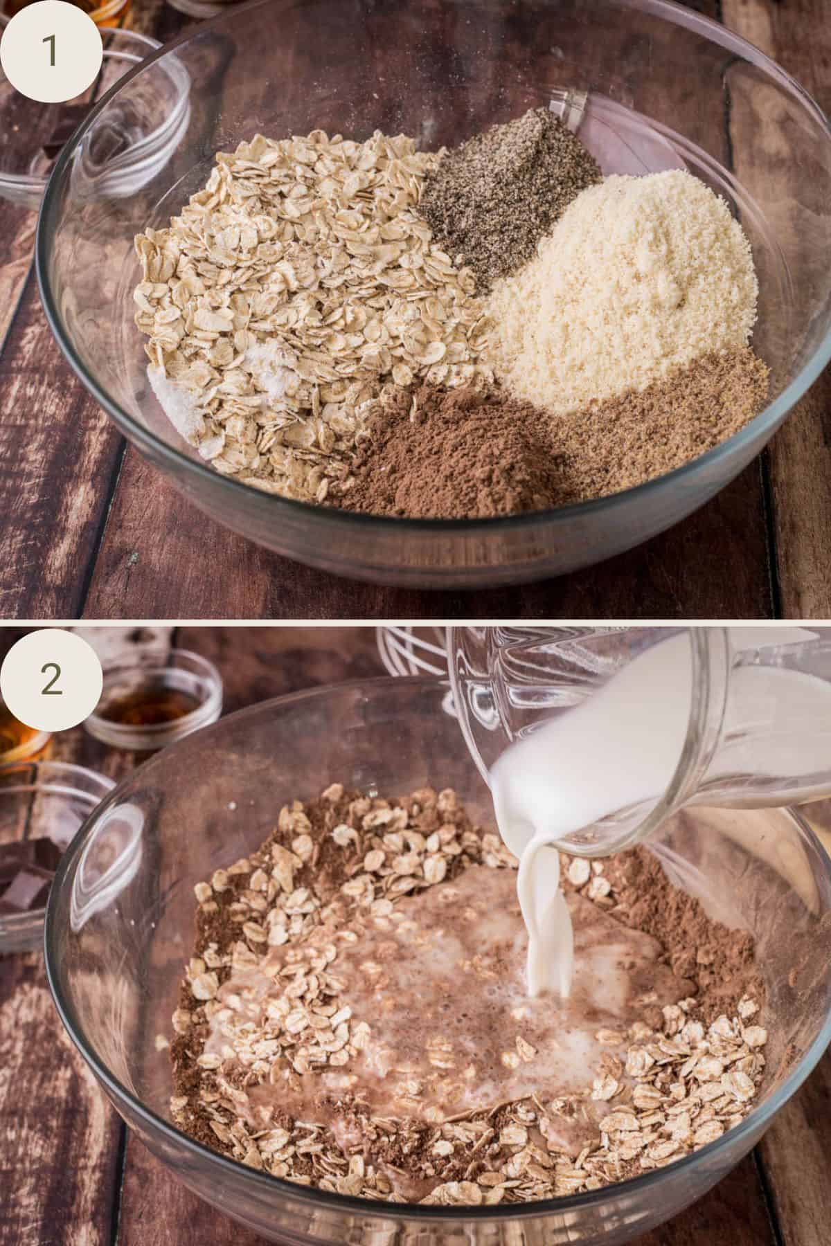 Dry ingredients for chocolate porridge in microwaveable glass bowl. Milk poured into bowl.