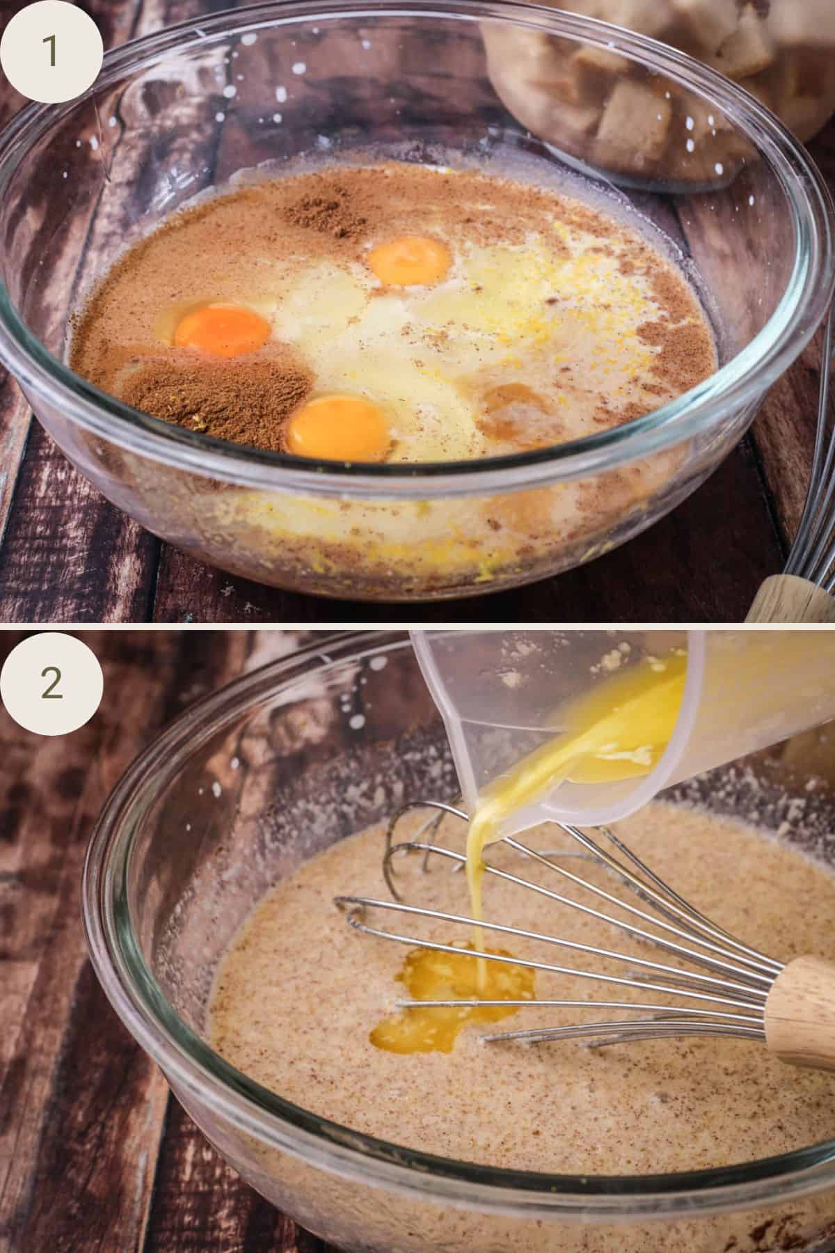 Wet ingredients for bread pudding custard in a bowl with butter pouring in.