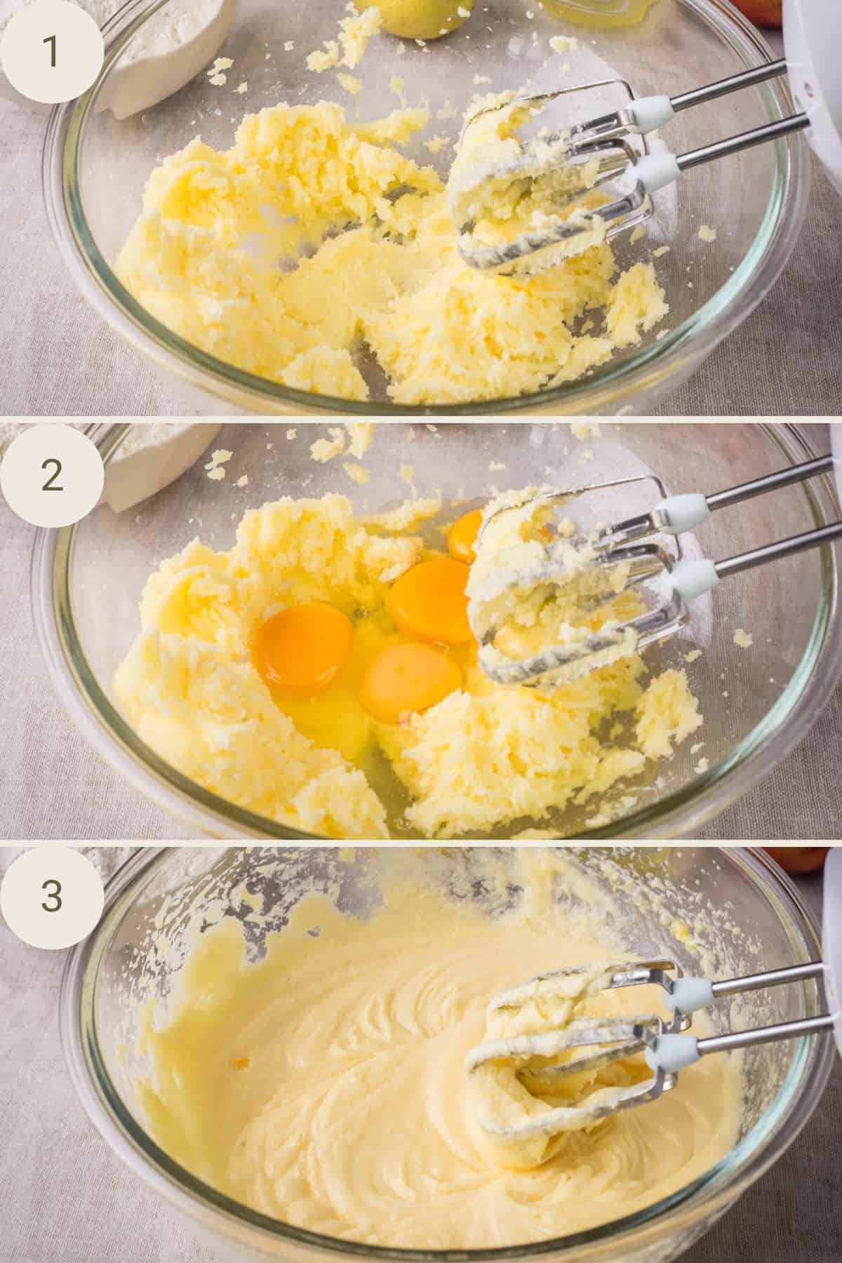 Butter and sugar mixed until light and fluffy then eggs added in.