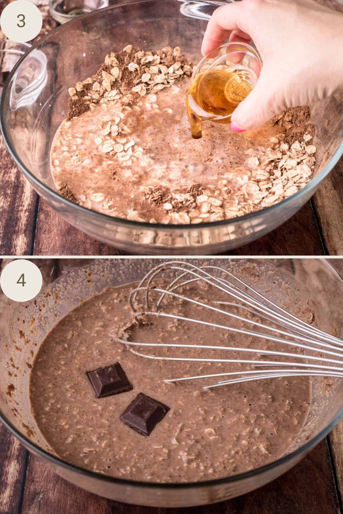 Vanilla poured into chocolate porridge ingredients. Mixed and then with chocolate added.