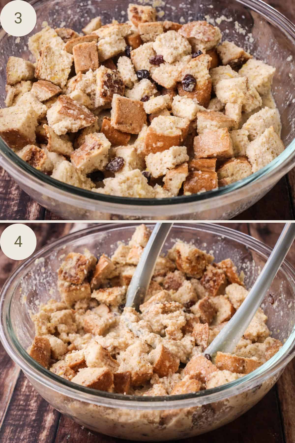 Cubes of bread covered in custard, then mashed slightly with potato masher.