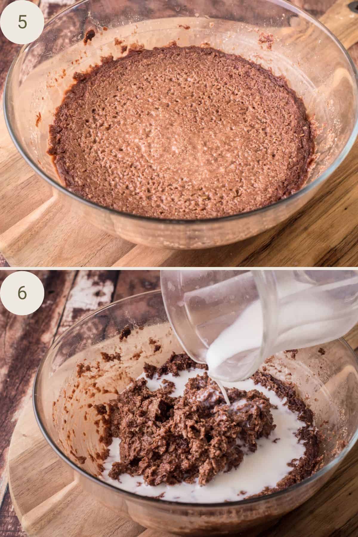 Chocolate Porridge in glass bowl after microwaving, a very thick consistency. Milk poured over to loosen.