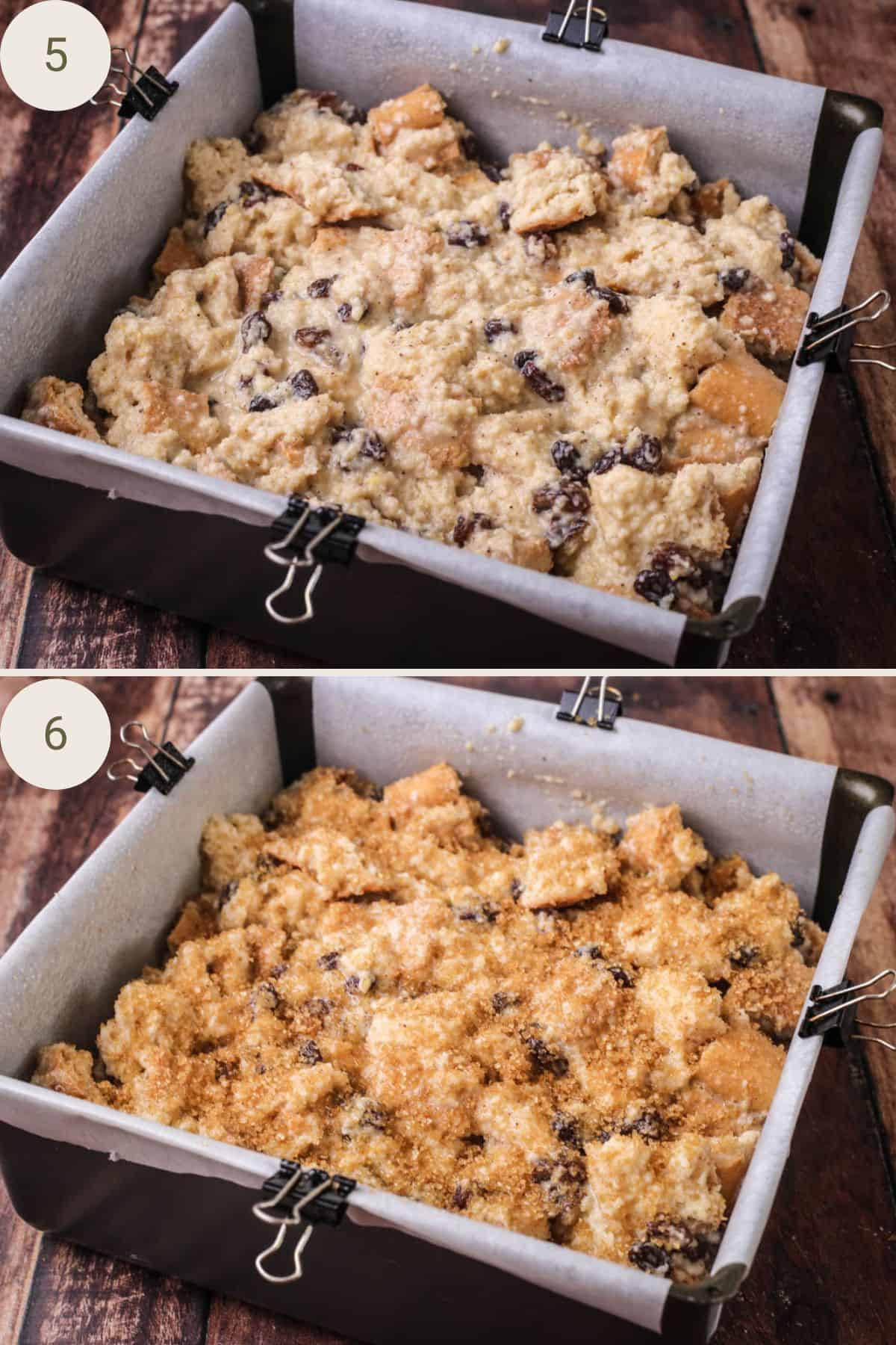 Bread pudding in a baking tin before and after sugar topping is added. Before it's been baked.