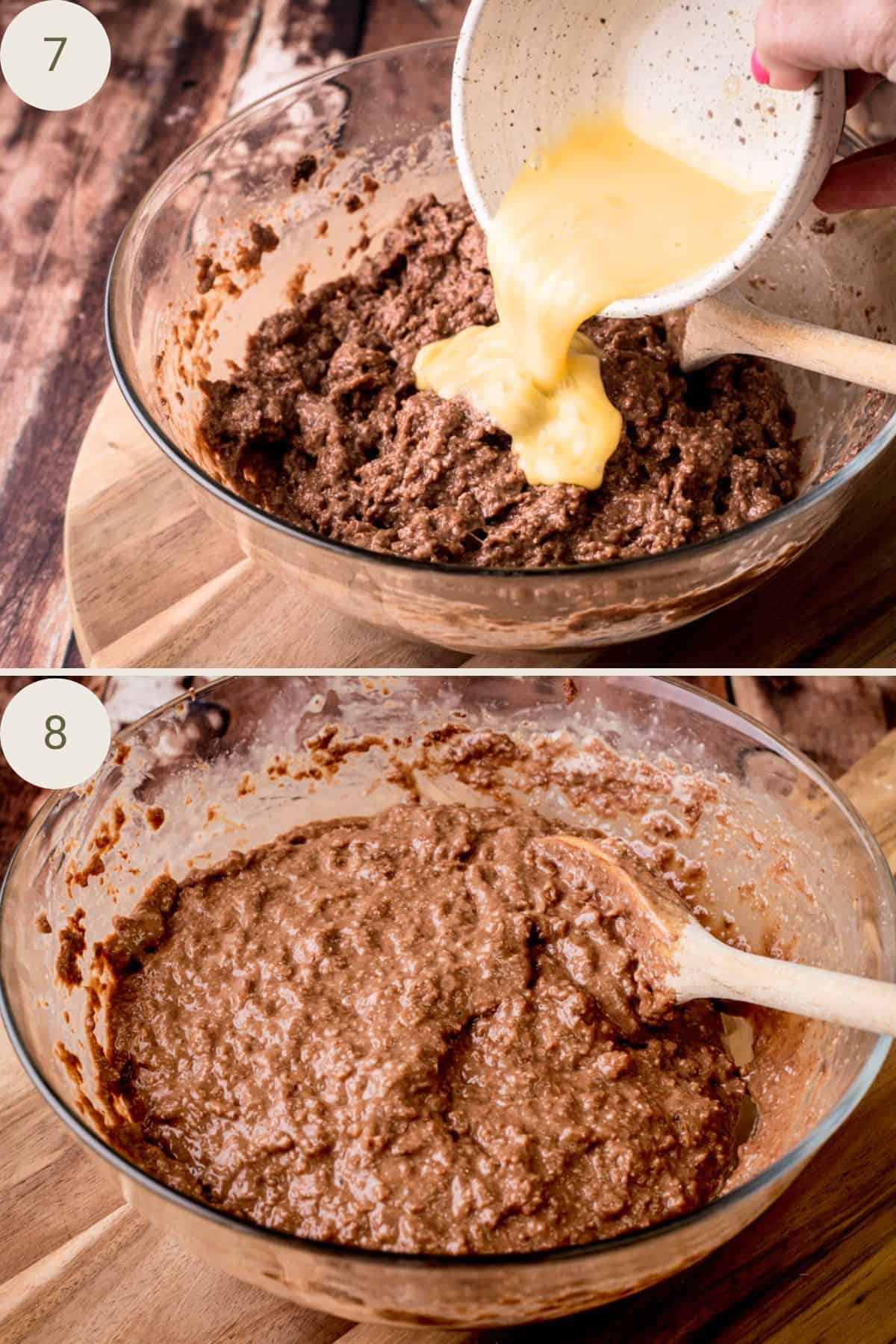Whisked eggs added to chocolate porridge. Stirred in to create perfectly creamy consistency.