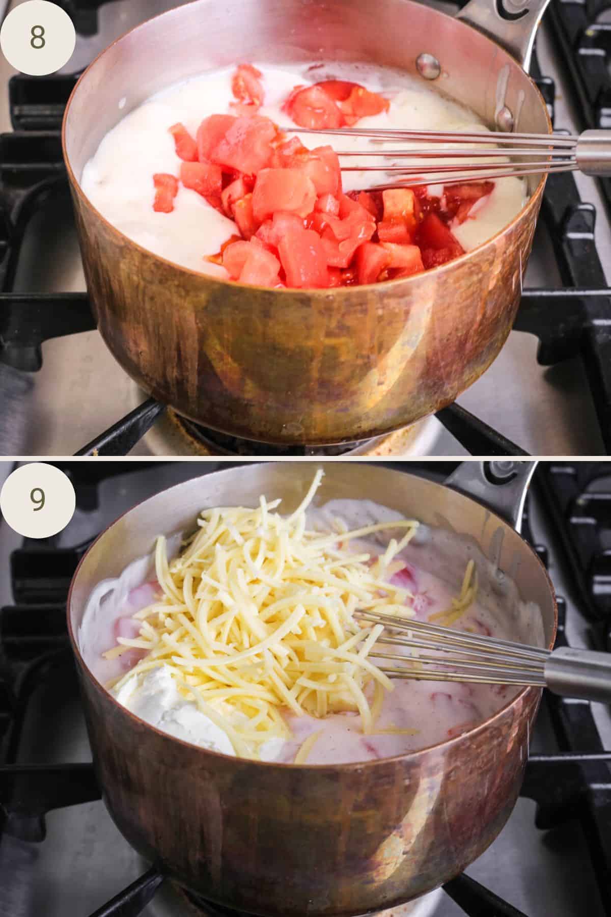 Pasta sauce for tuna pasta bake in saucepan with ingredients being added and stirred in.