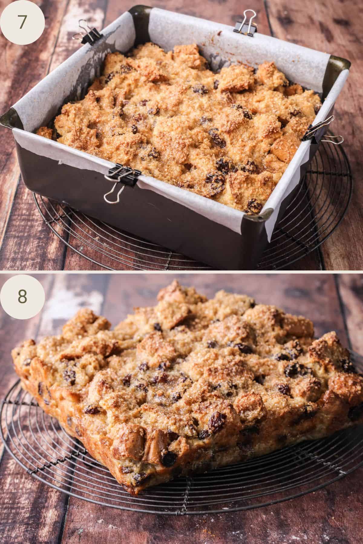 Bread pudding in a baking tin after baking, in and outside of the tin.