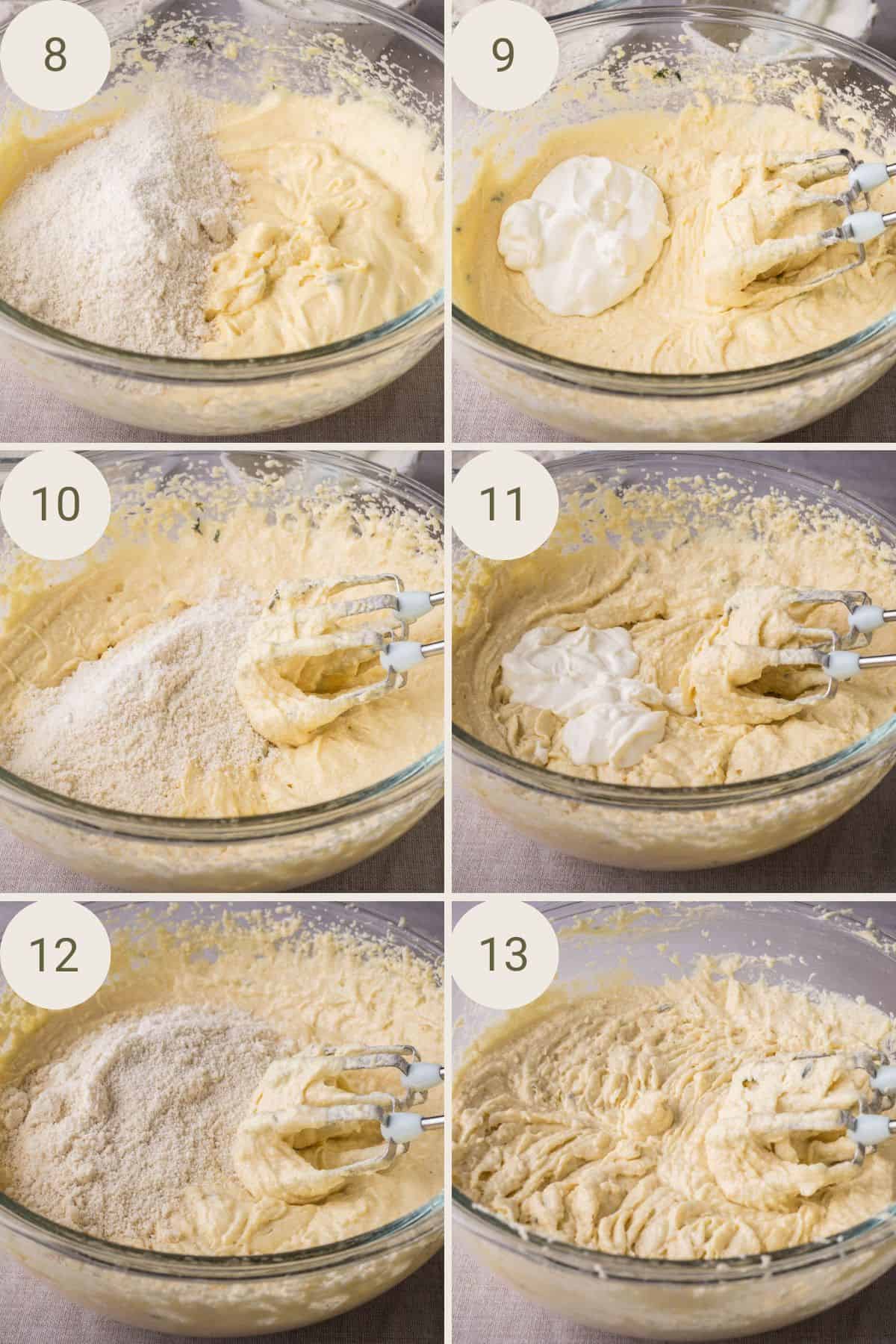 Flour mixture and sour cream added to rest of cake batter alternately.