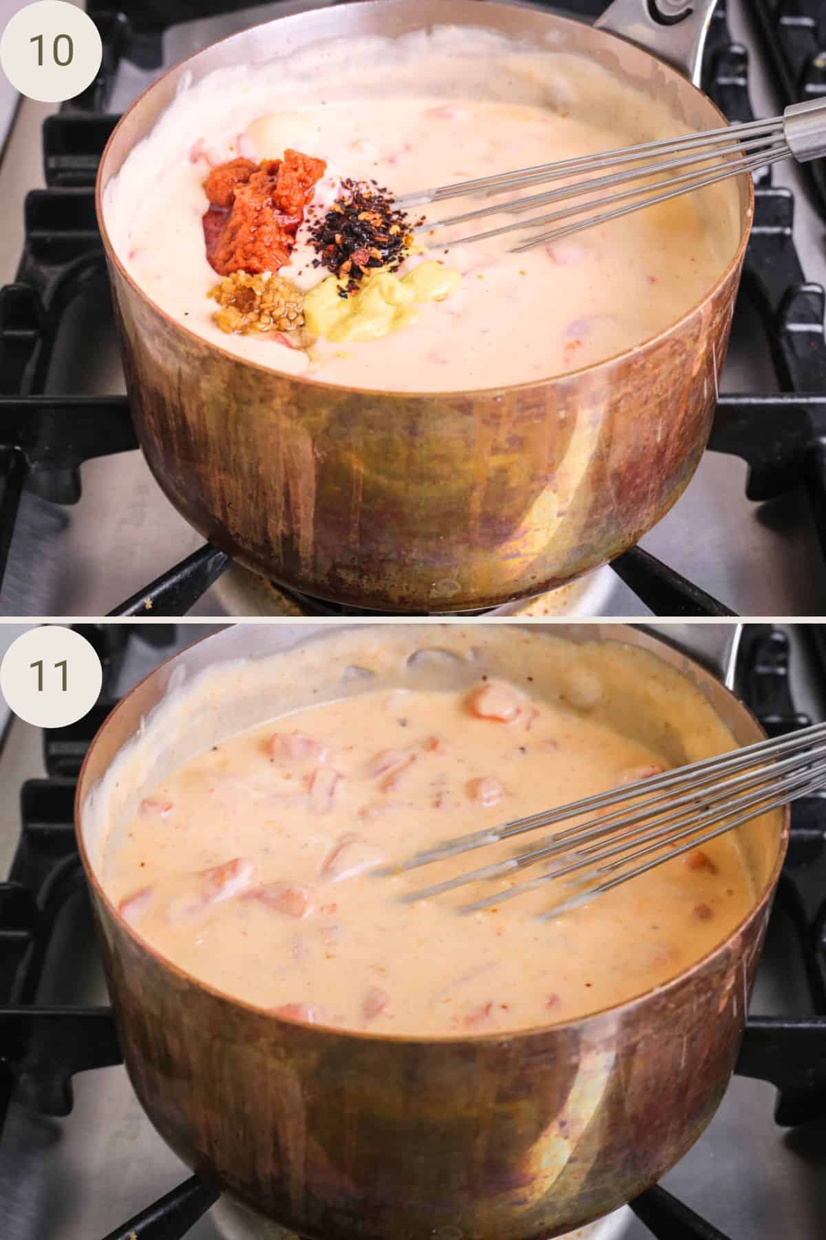 Pasta sauce for tuna pasta bake in saucepan with ingredients being added and stirred in.