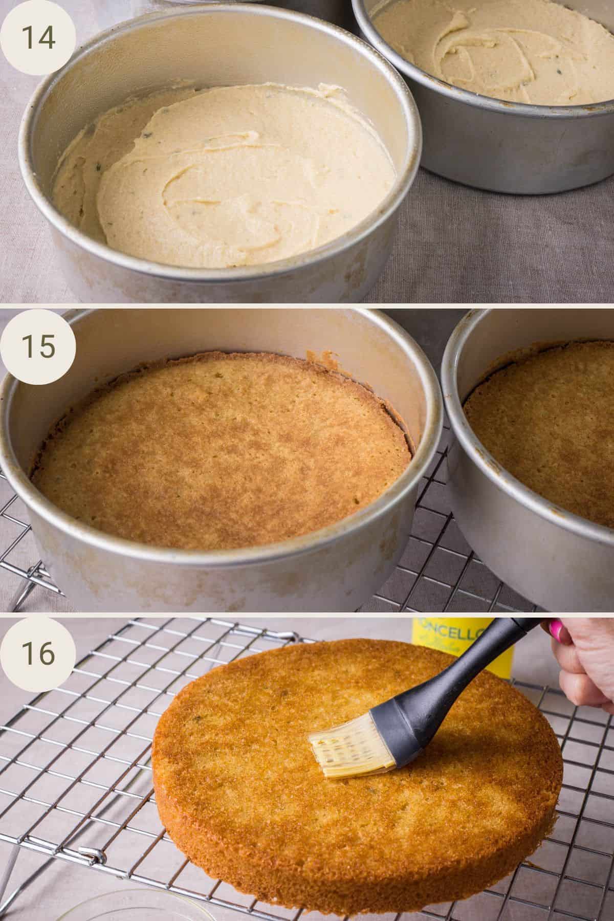 Sponge cakes in 3 cake tins before and after baking. Limoncello spread onto baked sponges.