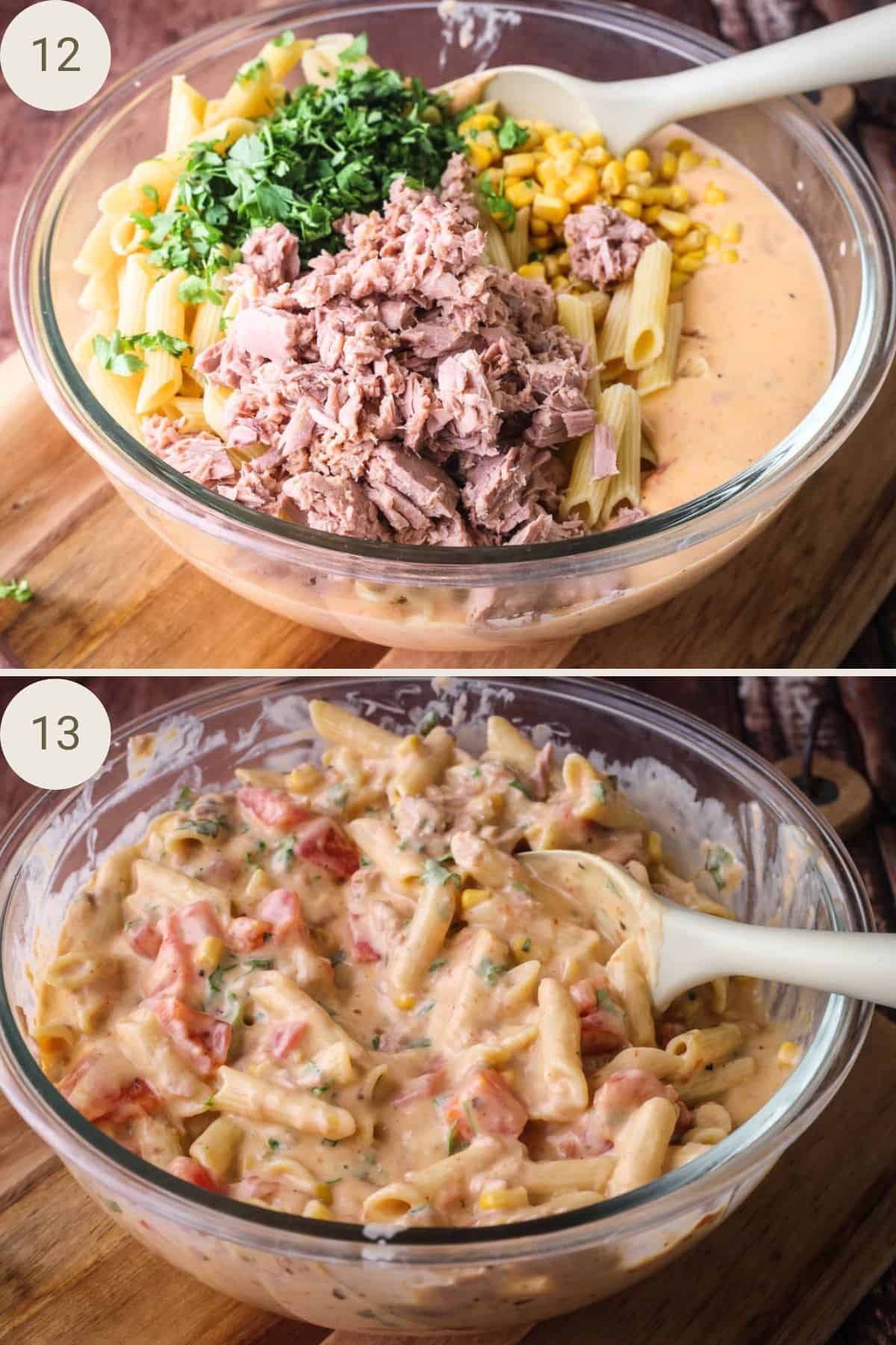 Ingredients mixed for tuna pasta bake in a large mixing bowl, ready for baking.