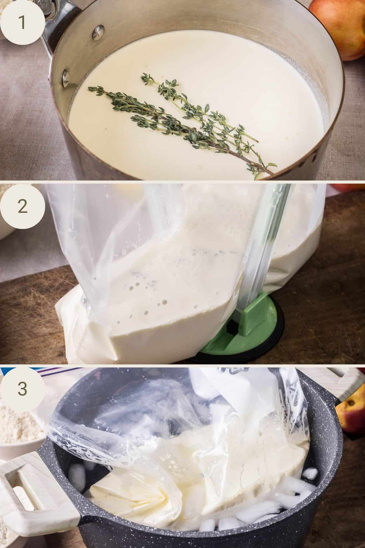 Thyme and cream in a saucepan. Heated then poured into food storage bag. Food storage bag then submerged into ice bath to cool cream.