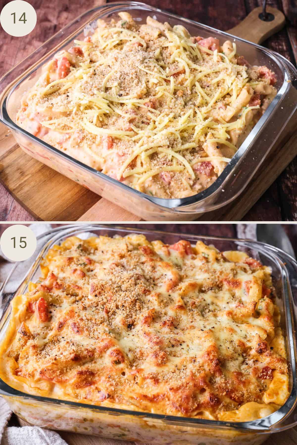 Gluten-Free Tuna Pasta Bake before baking in serving dish and after with crispy golden brown top.