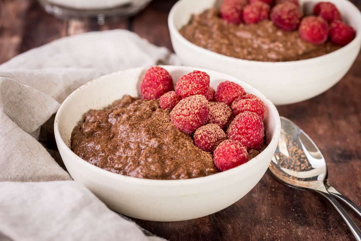 Chocolate Porridge in a bowl with fresh raspberries and dusting of cocoa powder.