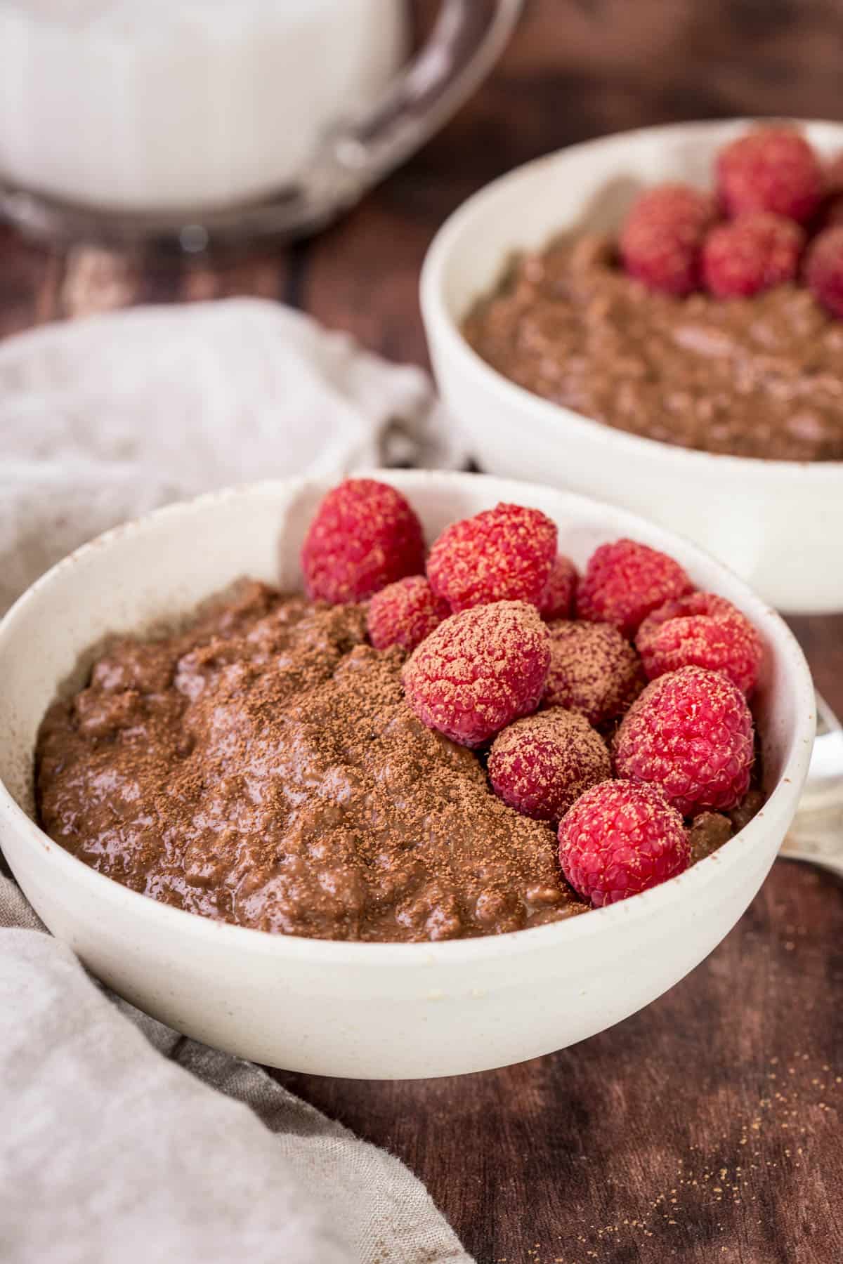 Chocolate Porridge in a bowl with fresh raspberries and dusting of cocoa powder.