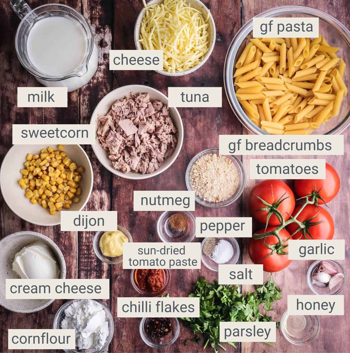 Gluten-Free Tuna Pasta Bake ingredients on a table.