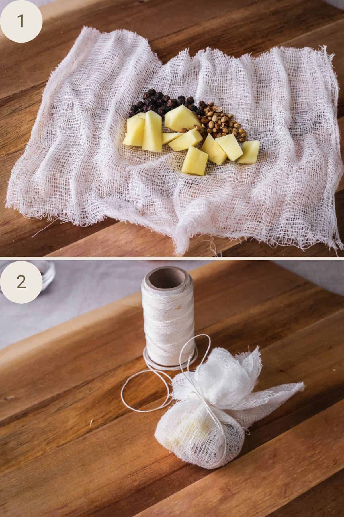 Ginger, coriander seeds and black peppercorns tied up together in muslin spice bag.