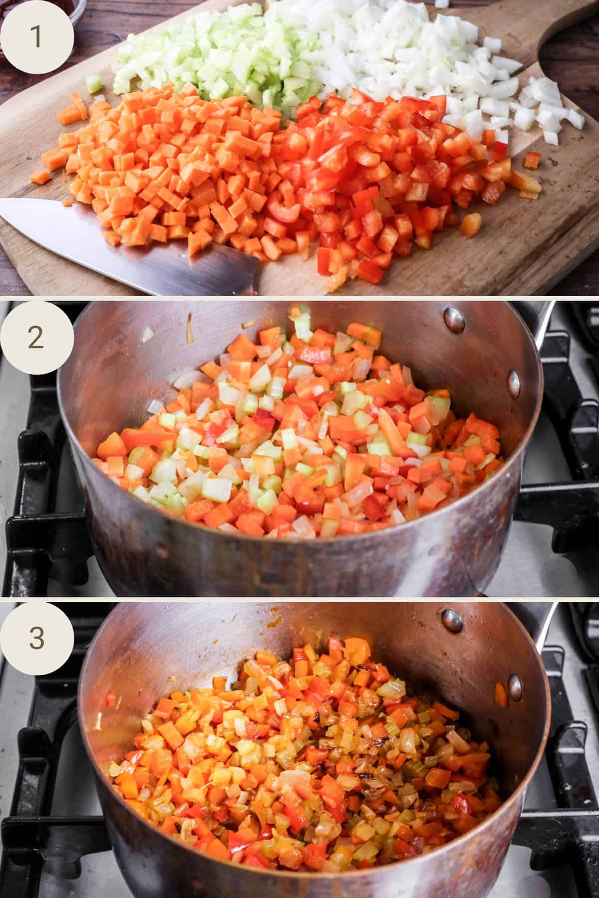 Vegetables cut into small uniform pieces, then placed in large saucepan to cook. Vegetables finished cooking are soft.