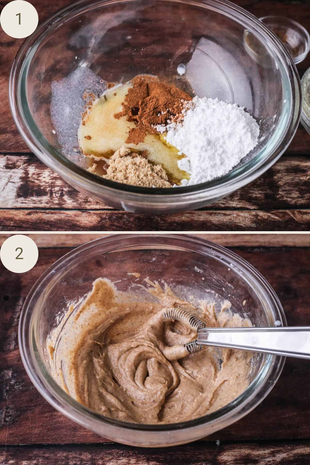 Cinnamon swirl ingredients in a bowl being mixed together to form a thick paste.