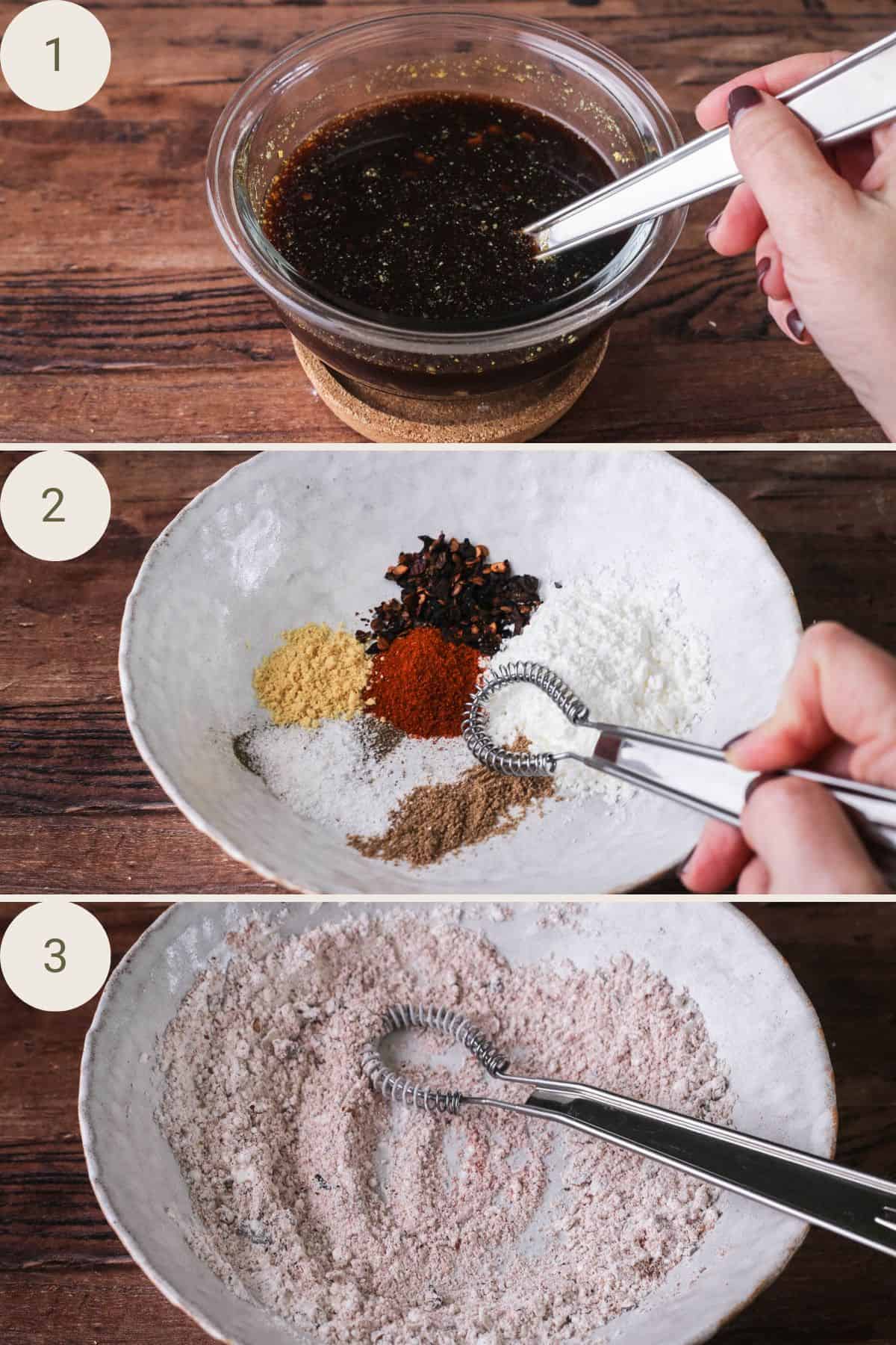 Devil Chicken sauce mixed together. Flour rub ingredients in a shallow bowl then mixed together.