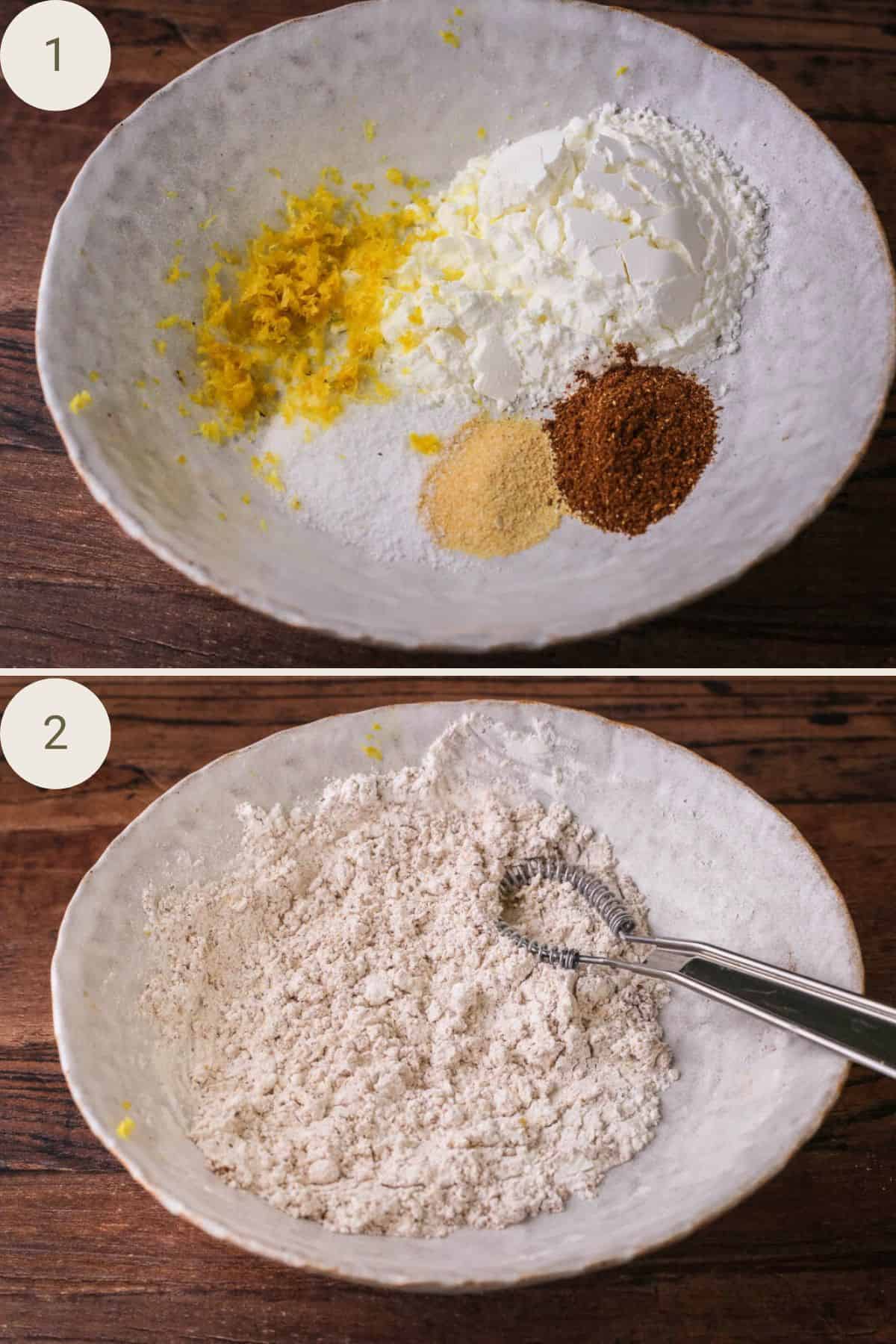 Flour coating ingredients mixed in a shallow bowl.