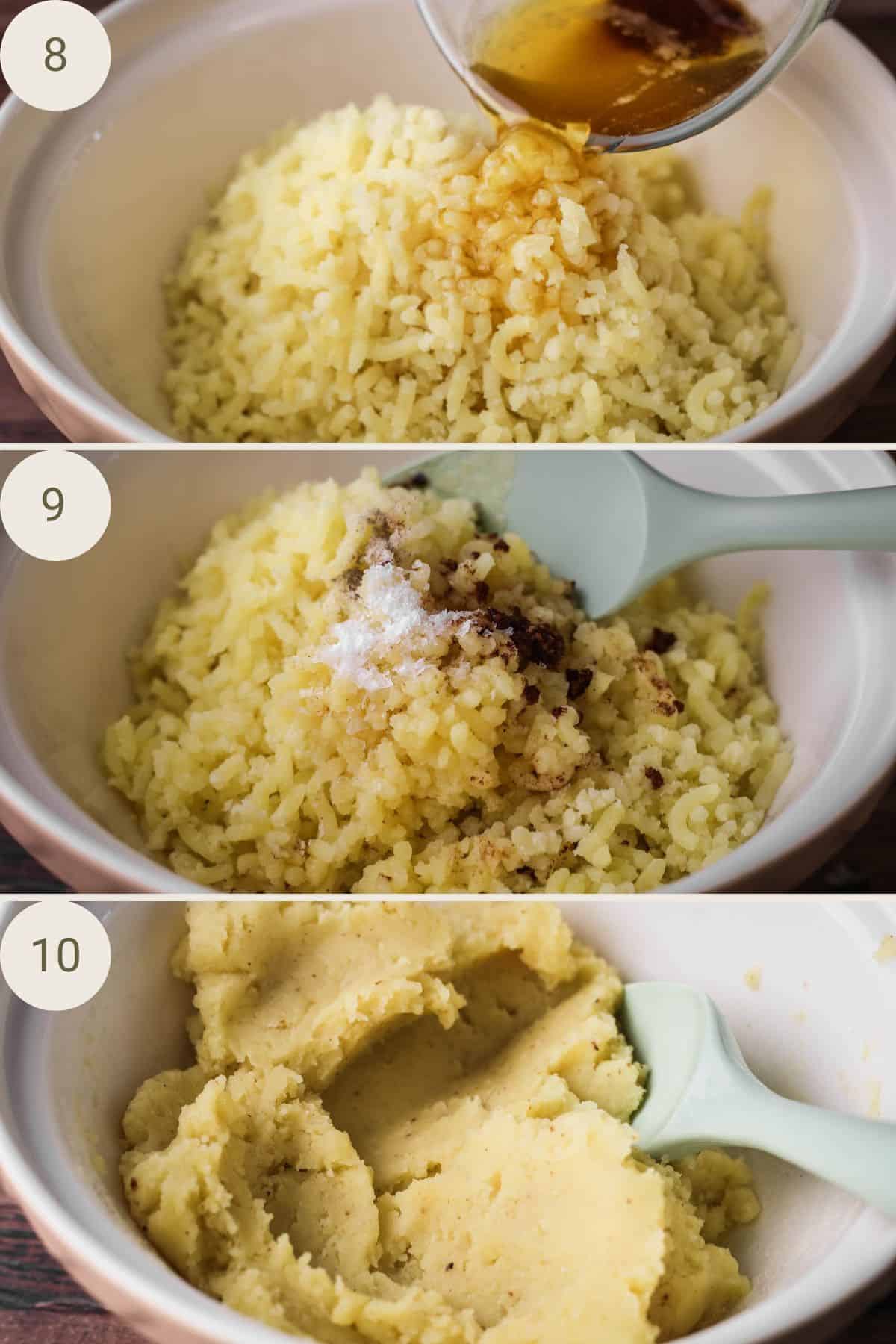 Brown butter poured over riced potatoes in a large mixing bowl. Silicone spoon stirring butter in with salt and pepper.