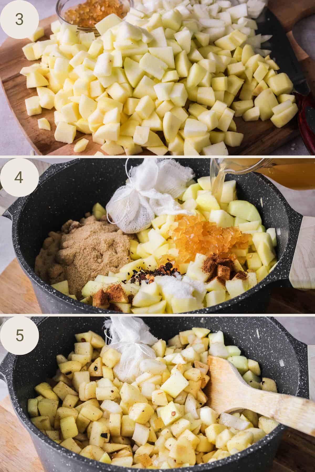Ingredients for Apple Ginger Chutney chopped into uniform pieces, put into preserving pan with spice bag.