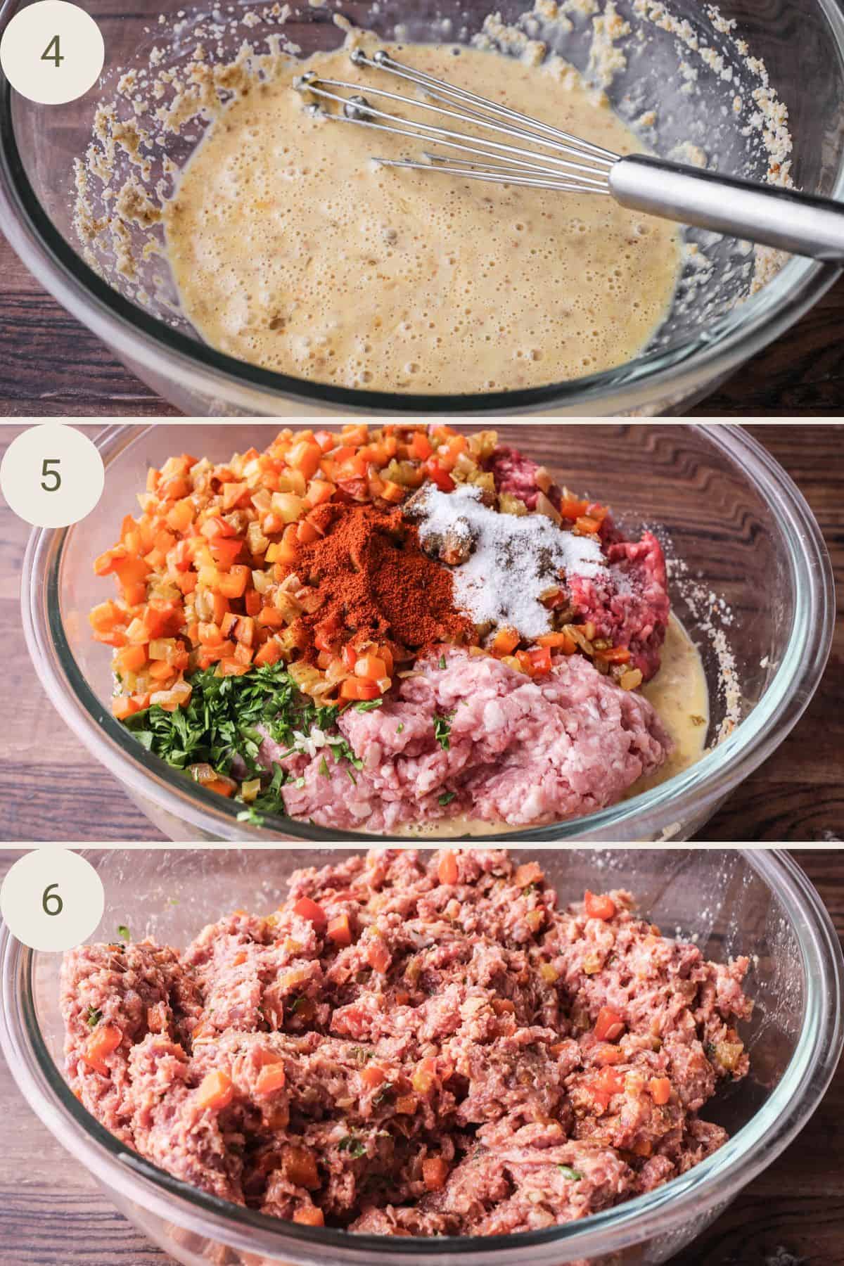 Eggs mixed with milk and breadcrumbs, rest of the ingredients added and mixed together in large mixing bowl.