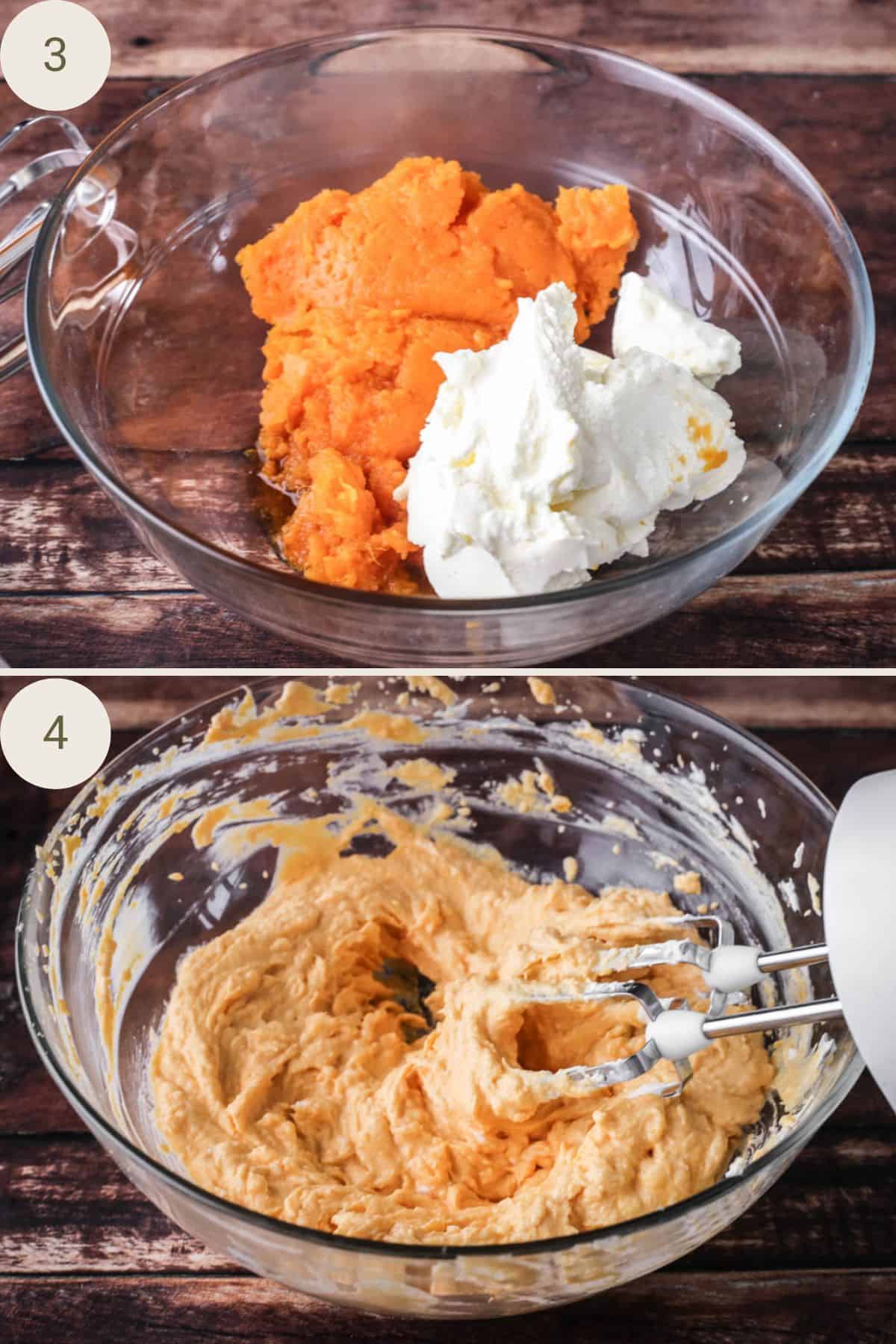 Sweet potato puree and cream cheese and vanilla mixed together in a bowl.