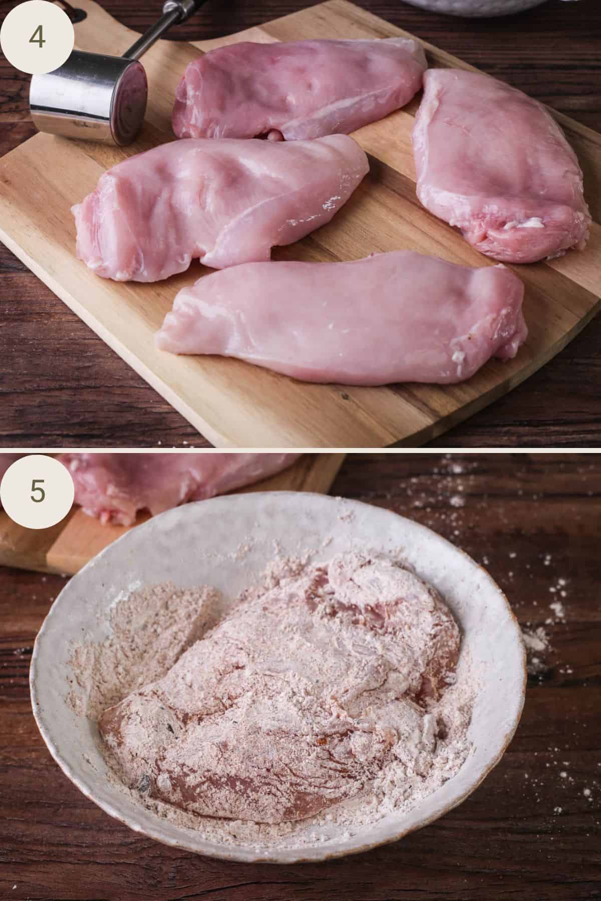 Chicken breasts pounded with mallet until even thickness. Dragged through flour rub.