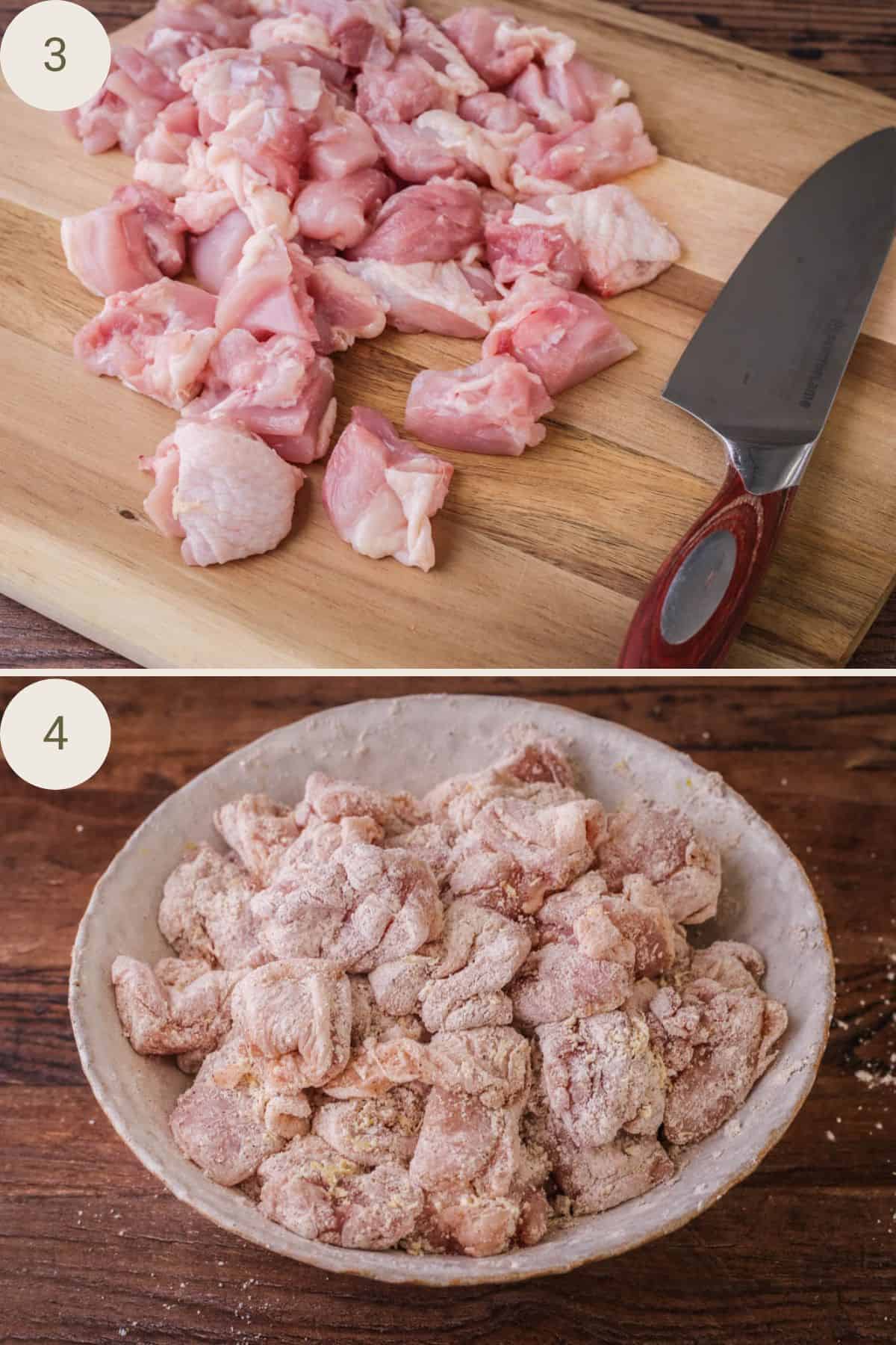 Diced chicken thigh, then coated in spiced flour rub.