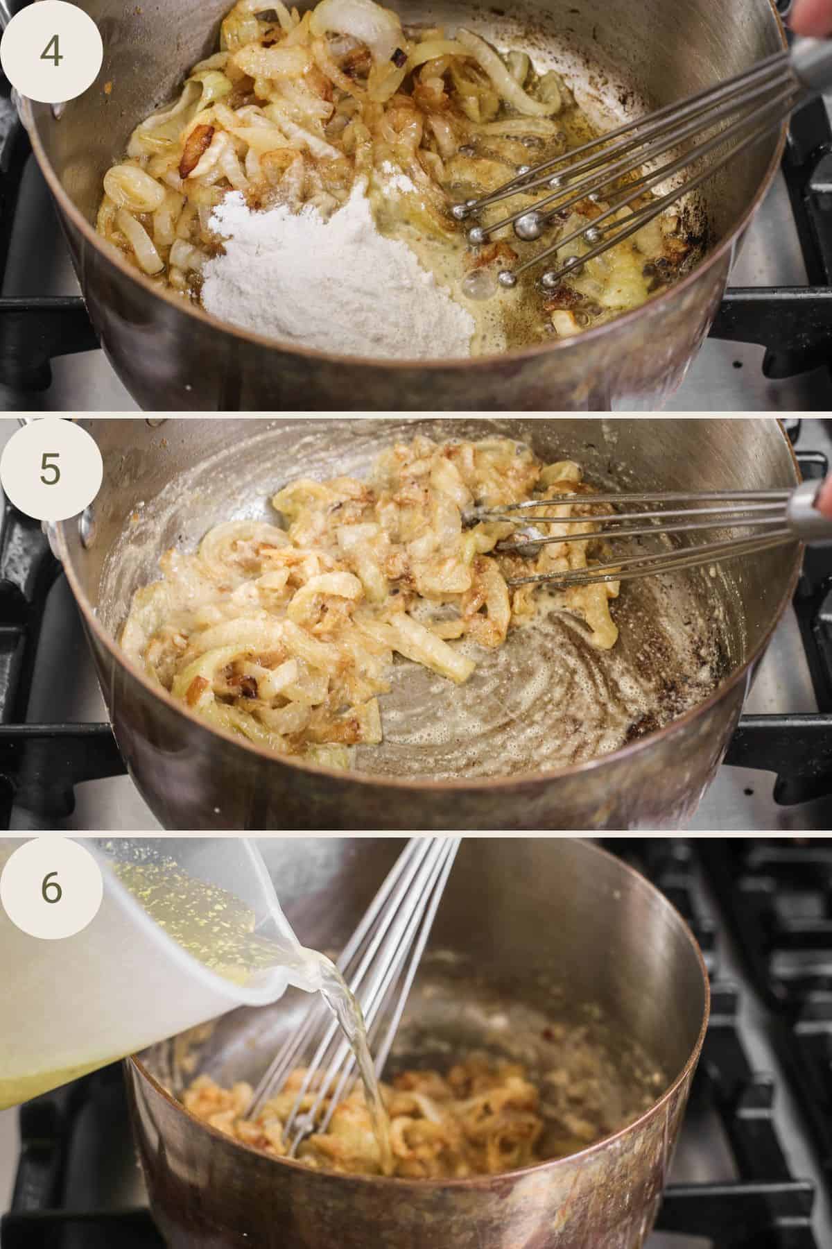 Caramelised onions in pan with cassava flour added then stock slowly poured in.