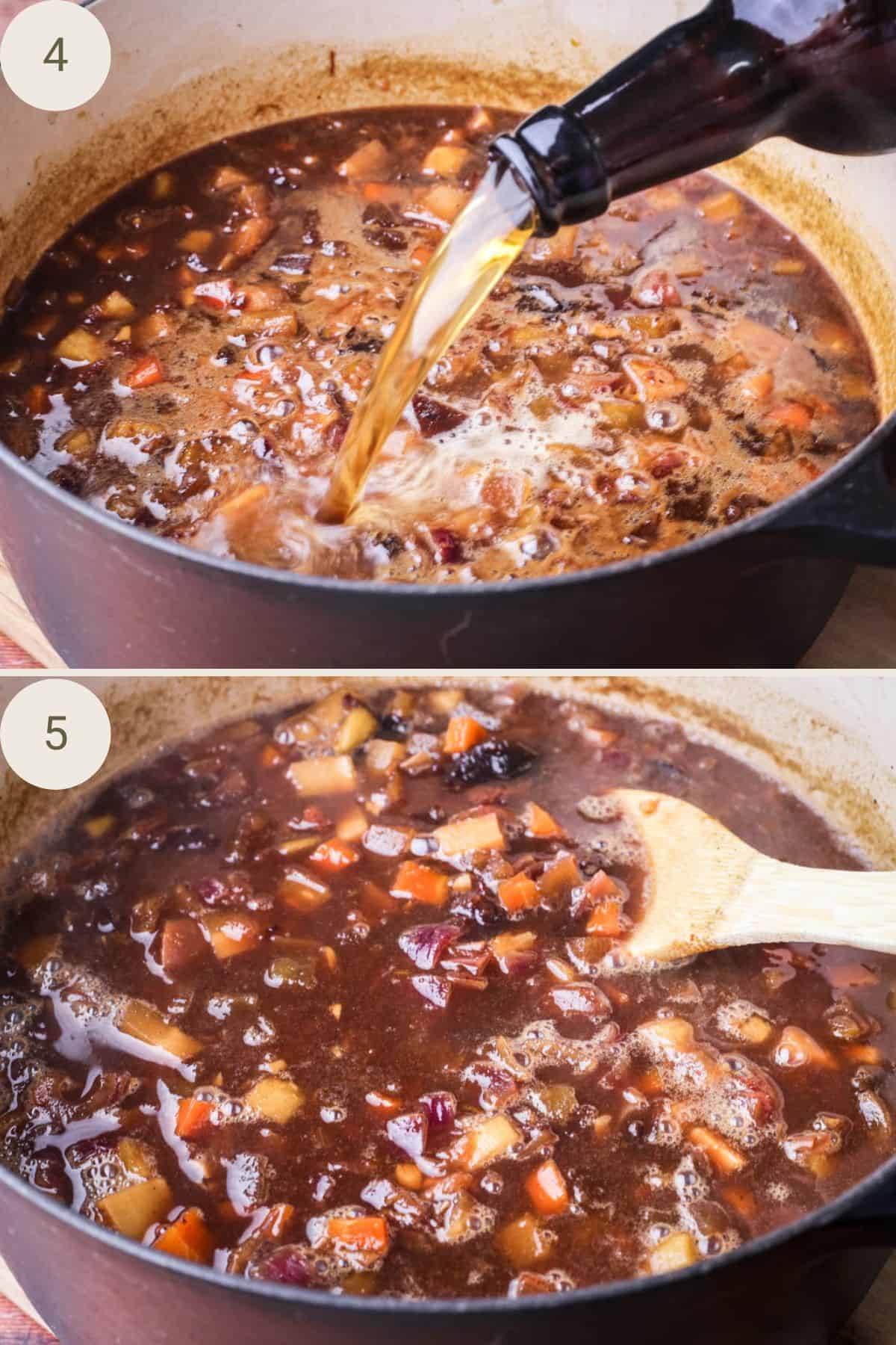 Christmas Ale Chutney in pan with ale poured in then after mixing in, still looking quite saucy.