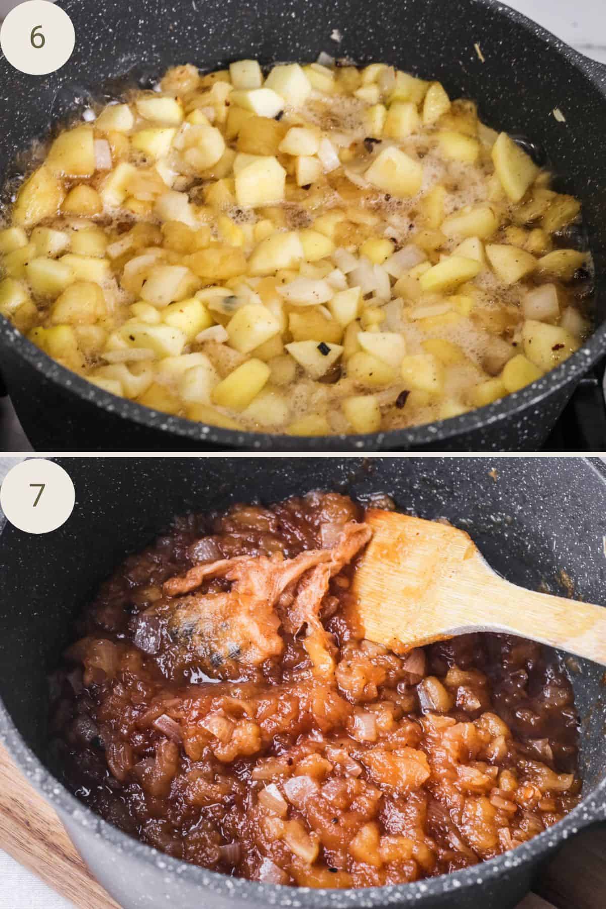 Apple Ginger Chutney cooking in pan and after cooking, thick.