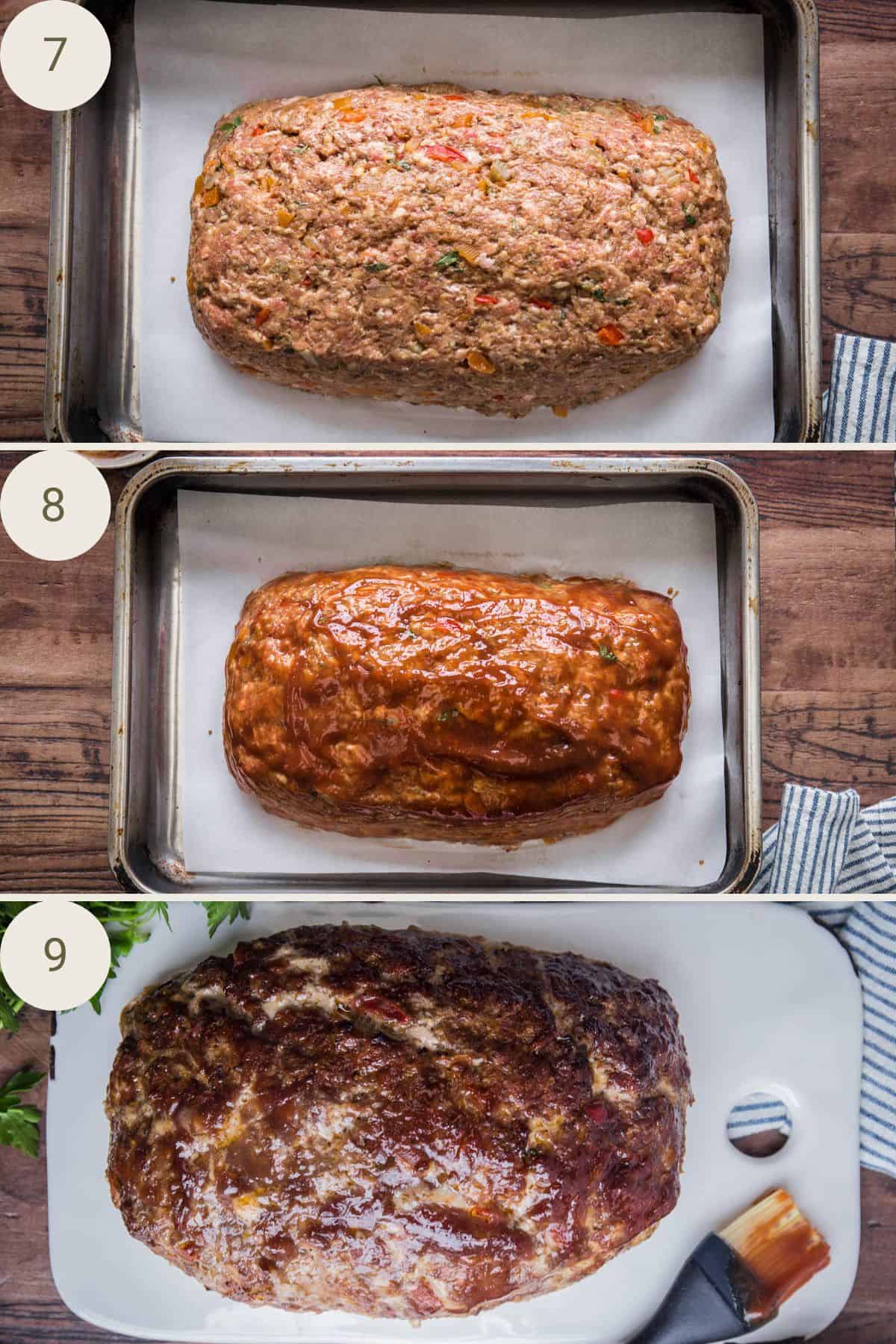 Gluten-Free Meatloaf shaped on baking tray, covered in BBQ sauce and after cooking.